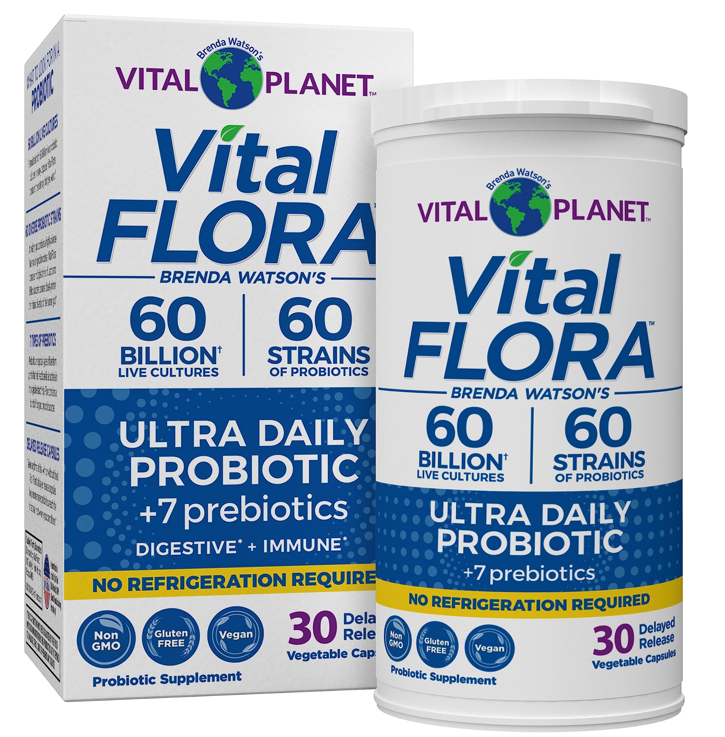 Vital Flora Ultra Daily Probiotic 60 Billion CFU, 60 Diverse Strains, 7 Organic Prebiotics, Immune Support, Digestive Health Shelf Stable Probiotics for Women and Men 30 Capsules