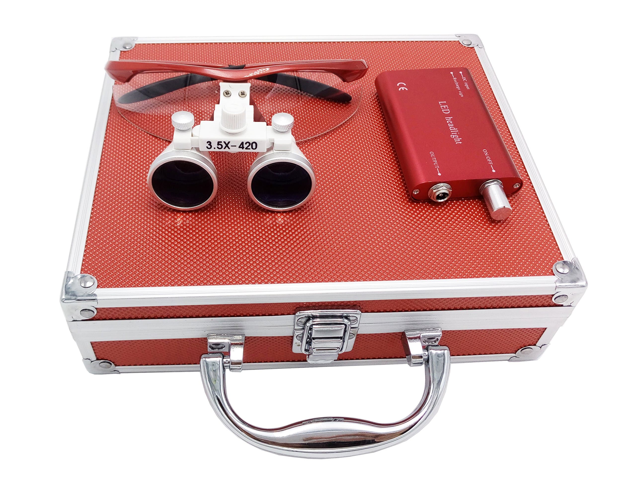 3.5X 420mm Surgical Binocular Loupes +Head Light Lamp +Aluminum Box（red）