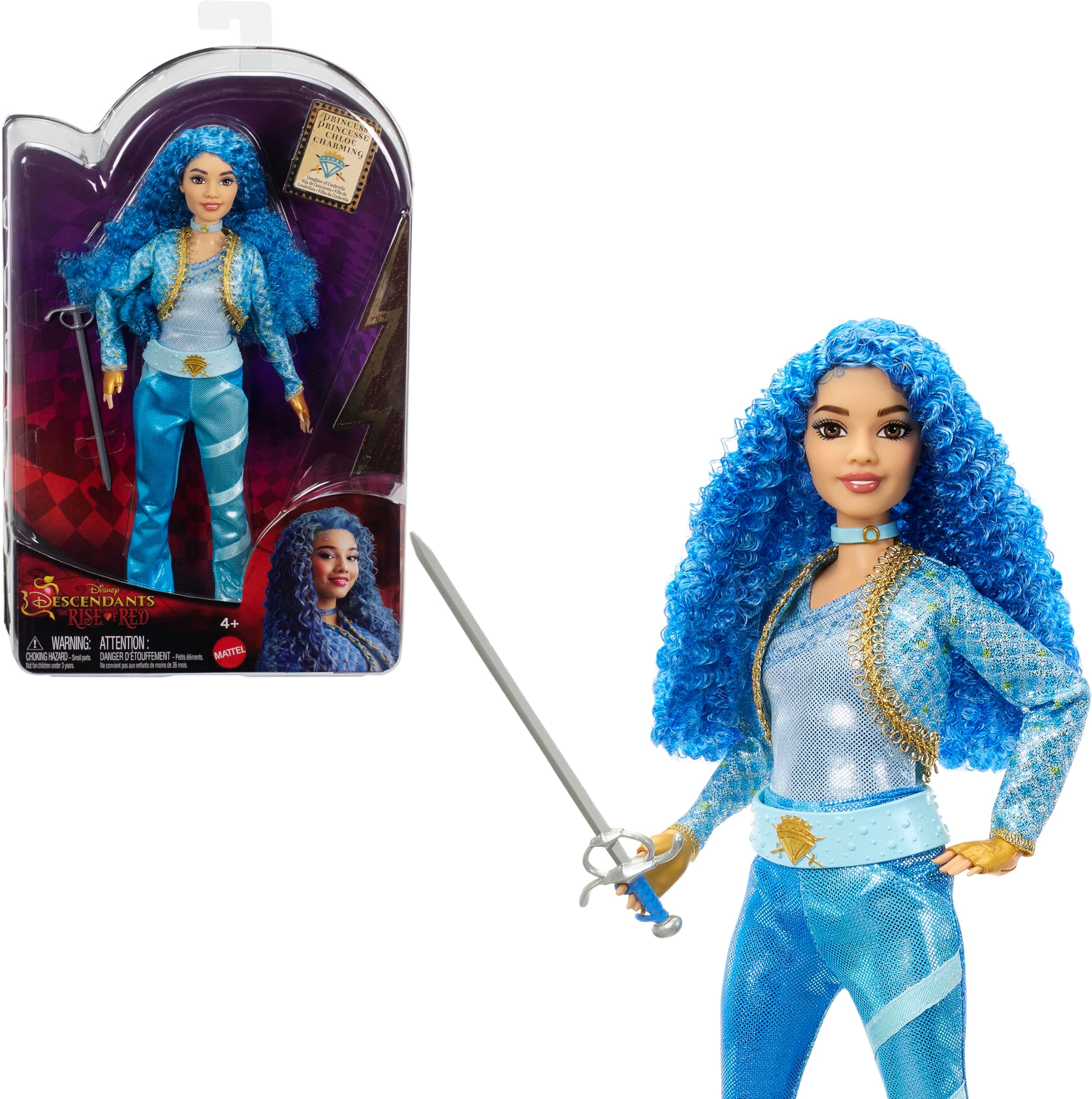 Disney Descendants: The Rise of Red Fashion Doll & Accessory, Princess Chloe Charming, Daughter of Cinderella with Movie-Inspired Clothes & Sword