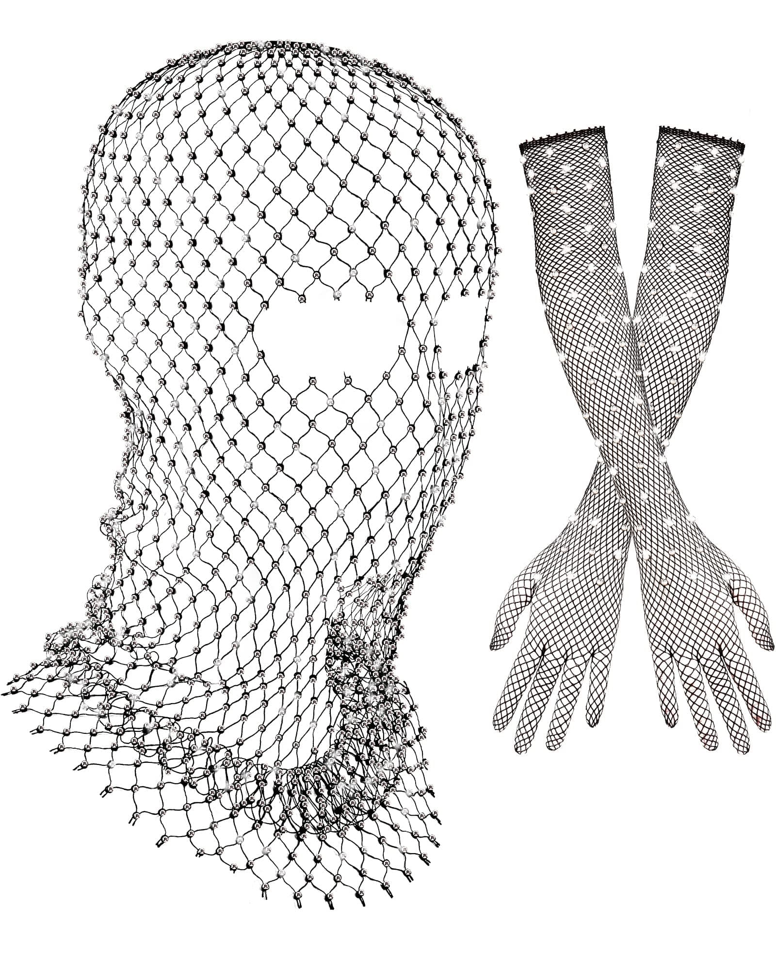 2 Pack Halloween Crystal Mesh Body Chain with Fishnet Long Gloves Rhinestone Glitter Breathable Headwear for Women