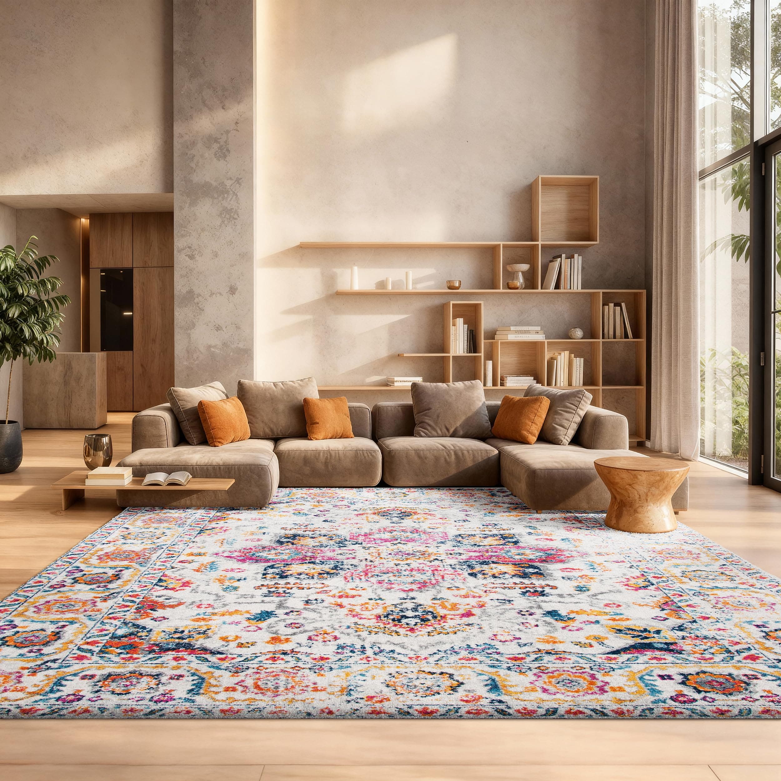 Area Rug 8x10 - Madison Collection - Large - Purple Pink Fuchsia & Ivory, Boho Chic Distressed Design, Non-Shedding & Easy Cleaning, Ideal for Living Room, Bedroom, Dining Space (MAD603R)