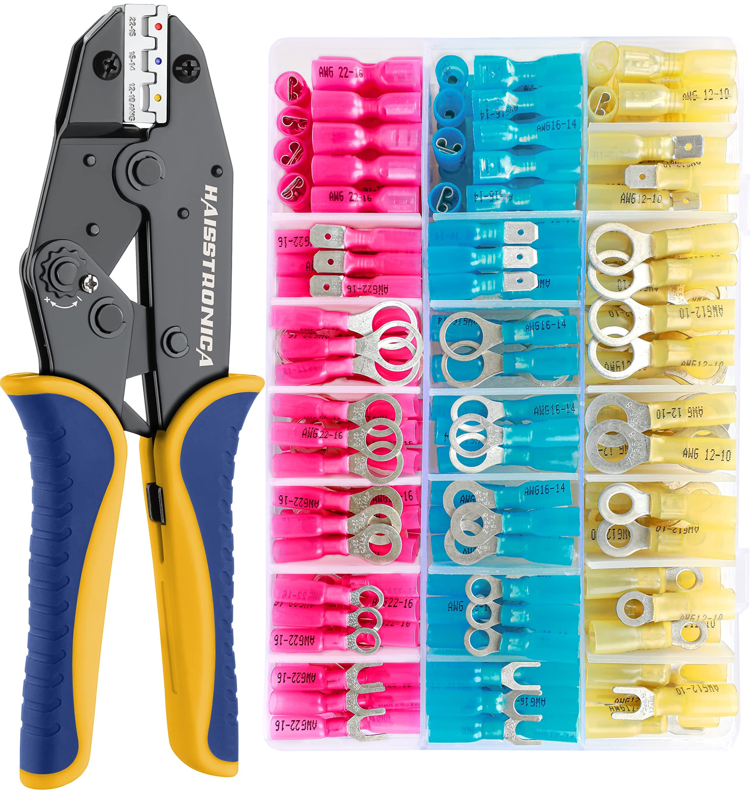haisstronica Crimping Tool Set for Heat Shrink Connectors with 280PCS Wire Crimping Tool of 0,5-6mm²(AWG22-10) Electrical Ring Fork Spade Splice(3Colors/7Size)