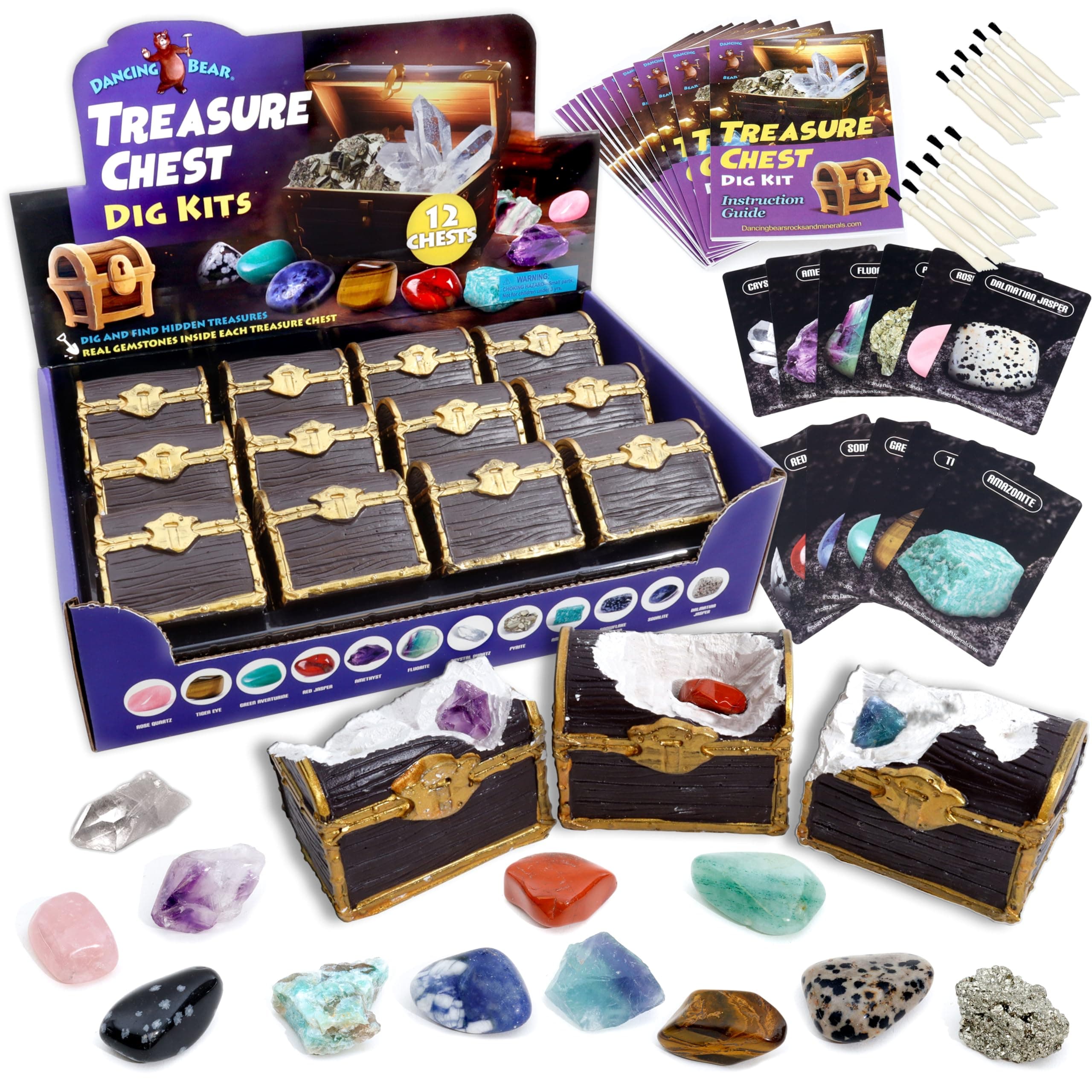 DANCING BEAR Treasure Chest Dig Kit Party Pack for 12 Kids, Excavate 12 Surprise Real Gems & Crystals, STEM Education, Fun Pirate Booty Hunt, Science Activity Gift Sets for Girls and Boys