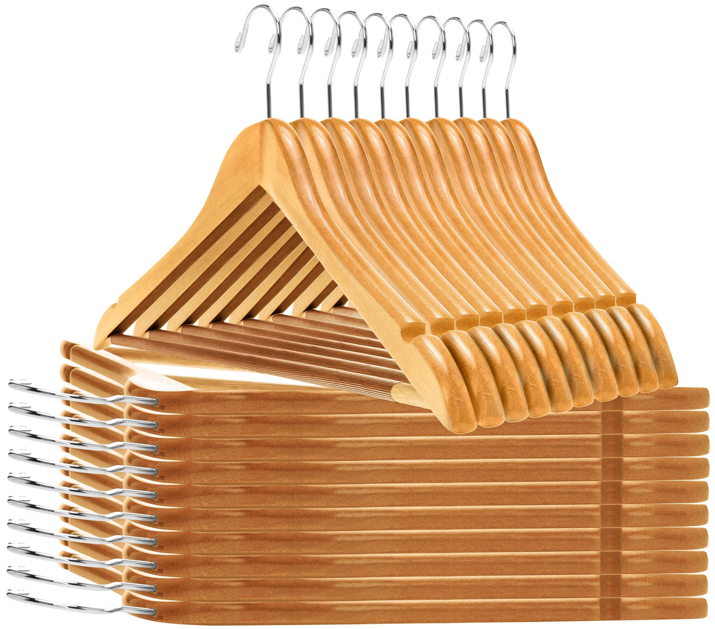 Quality Wooden Hangers - Semi Contoured Hanger Set in 20-Pack - Solid Wood Coat Hangers with Stylish Chrome Hooks - Heavy-Duty Clothes, Jacket, Shirt, Pants, Suit Curved Hangers (Natural, 20)
