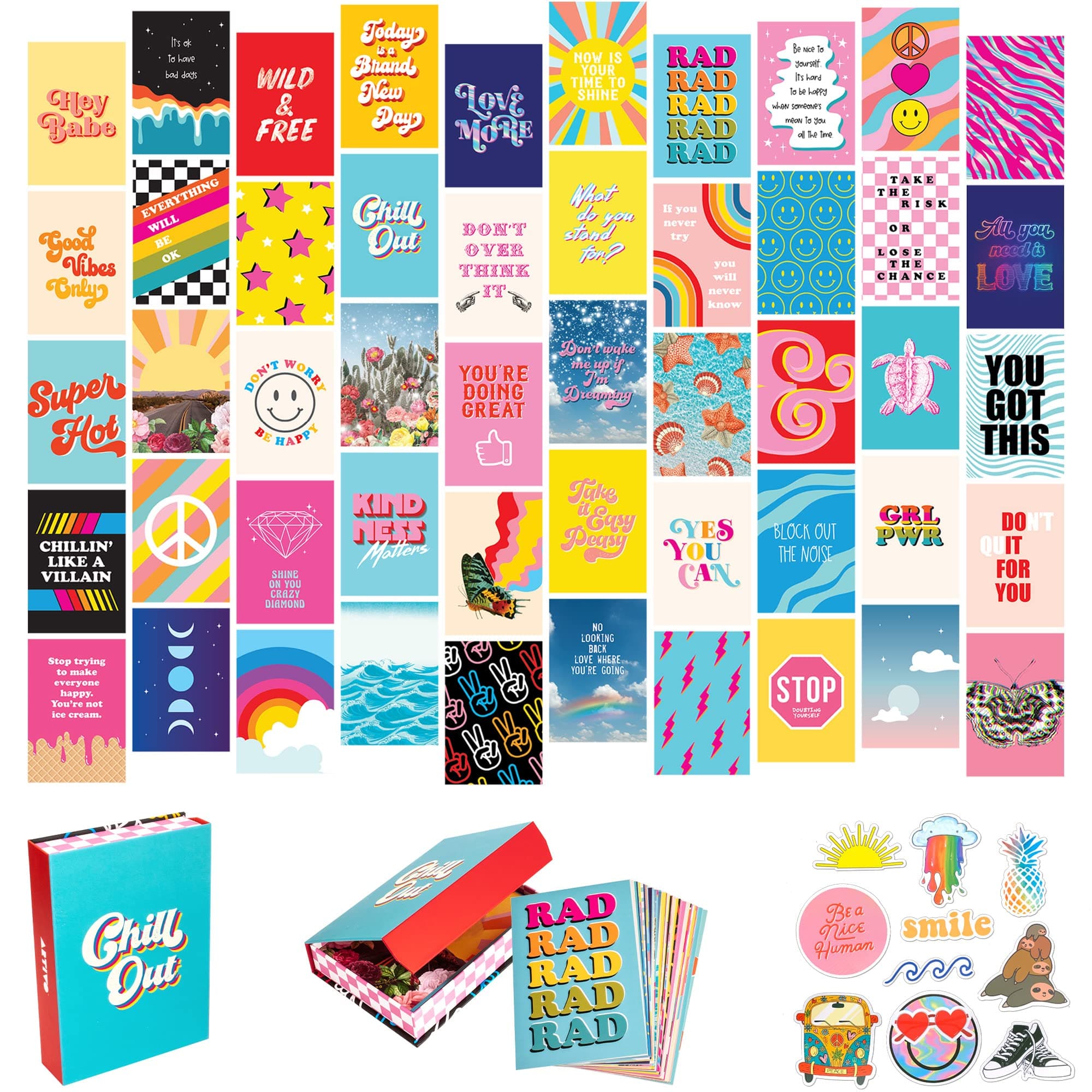 Artivo Bright Indie Collage Kit Aesthetic Pictures, 50 Set 4x6 inch, Colorful Bedroom Decor for Teen Girls, Fun Wall Art for Kids, Dorm Wall Decor, Small Posters for Room (Bright 50 Set)
