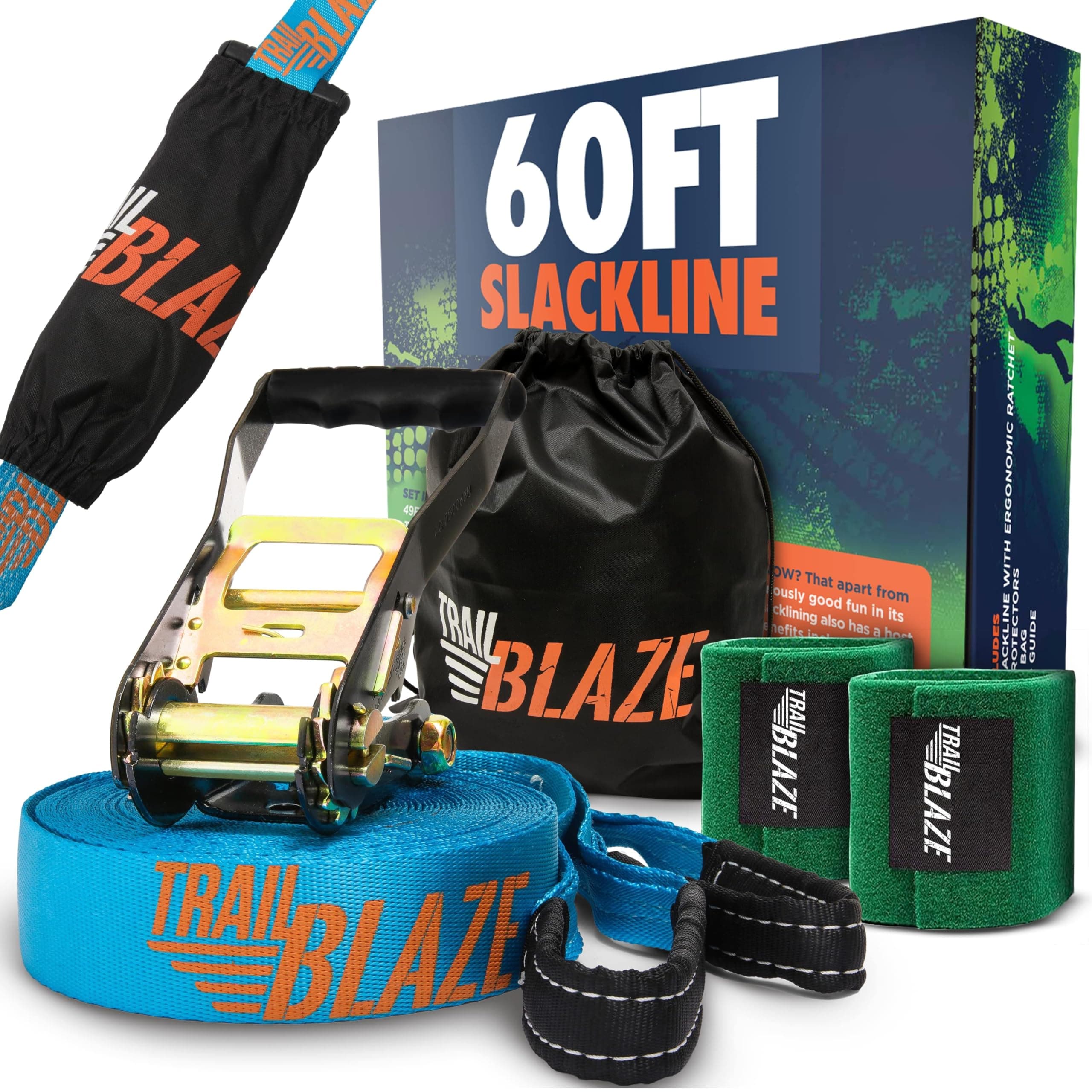 Trailblaze Strongest Slackline Kit with Tree Protectors + Carry Bag | Perfect Slack Lines for Kids & Family Outdoor Healthy Fun | Easy Setup 50 ft Nylon Slack Line