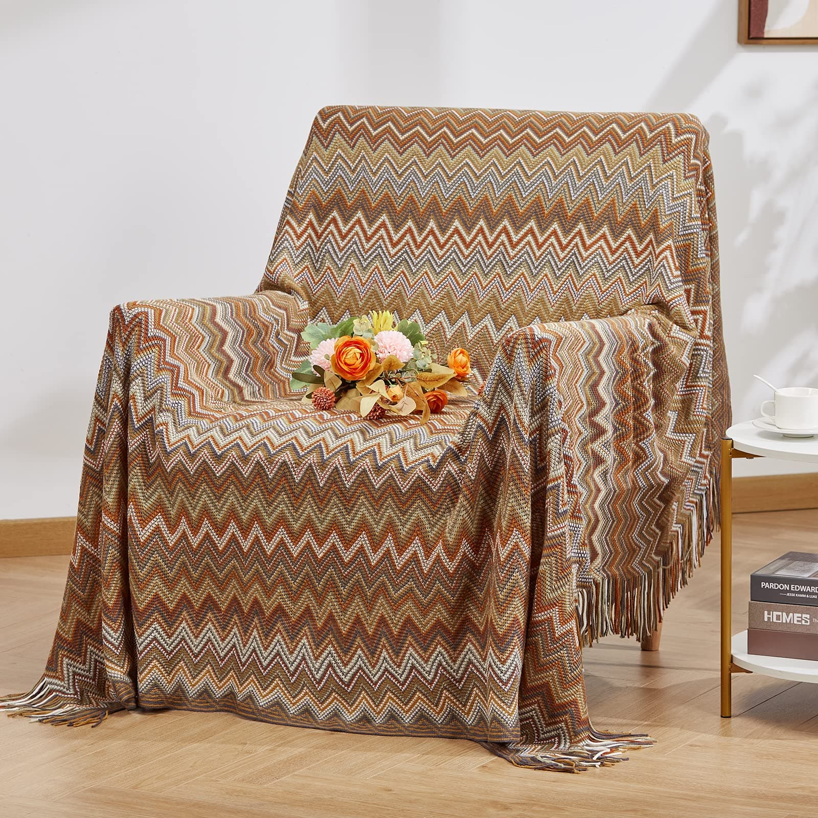 Bohemian Style Sofa Throws Warm Thick Armchair Cover Soft Blanket, 130 cm x 160 cm (Beige)