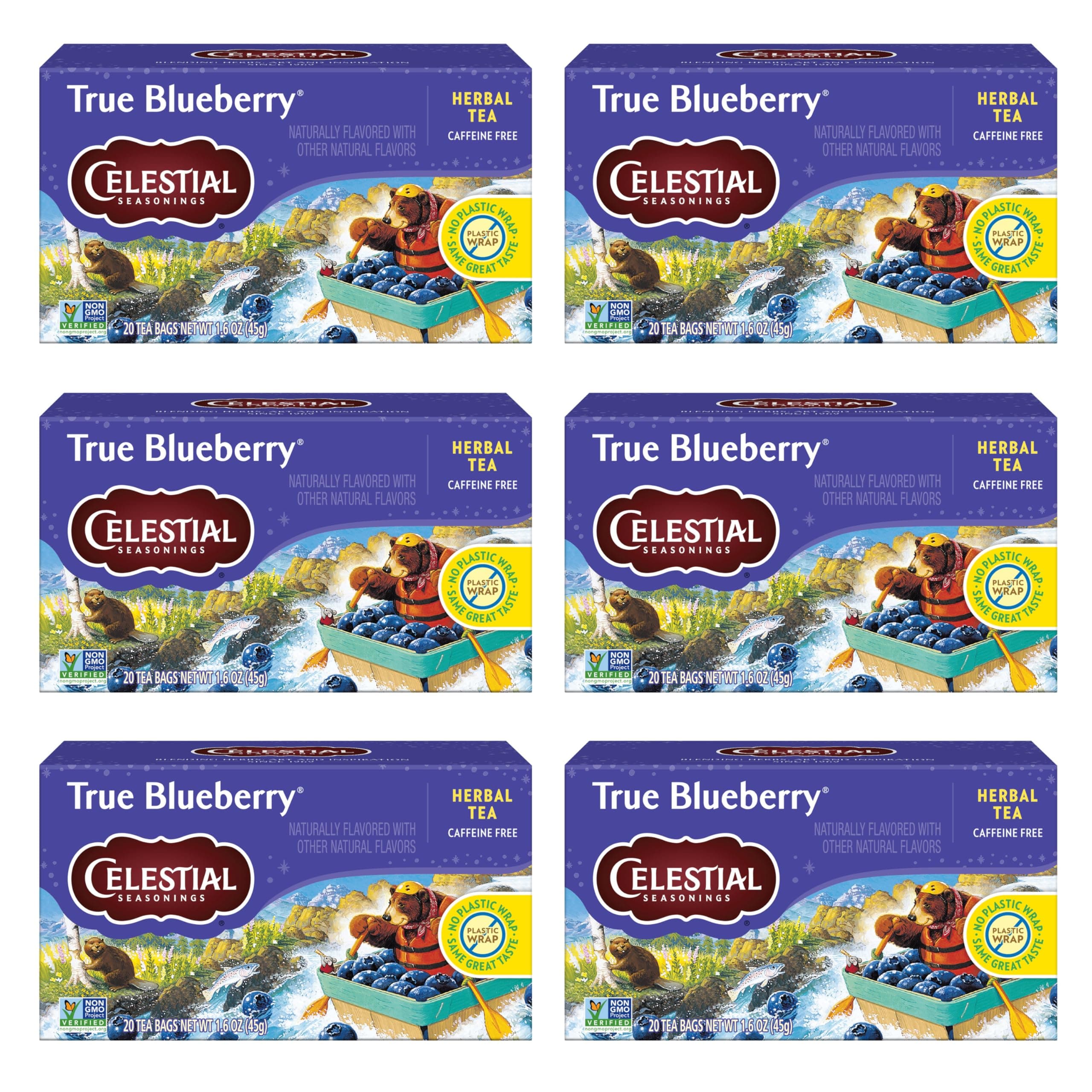 Celestial Seasonings True Blueberry Herbal Tea Bags, Caffeine Free, 20 Bags Box (Pack of 6)