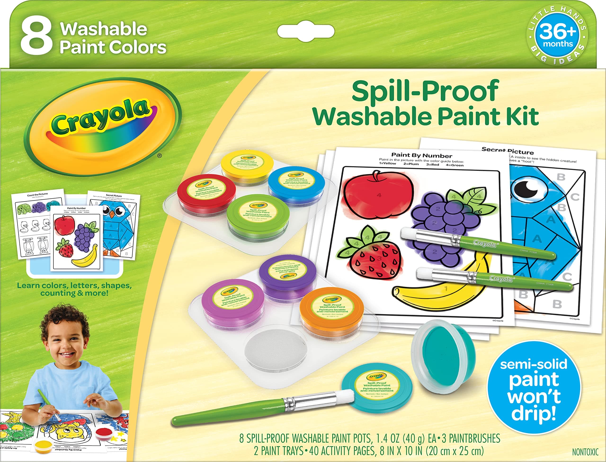 Spill Proof Paint Set (8ct), Washable Toddler Paint Kit, With Brushes, Pots, Activity Pages, Arts & Crafts Kit, Gift for Toddlers, Ages 3+