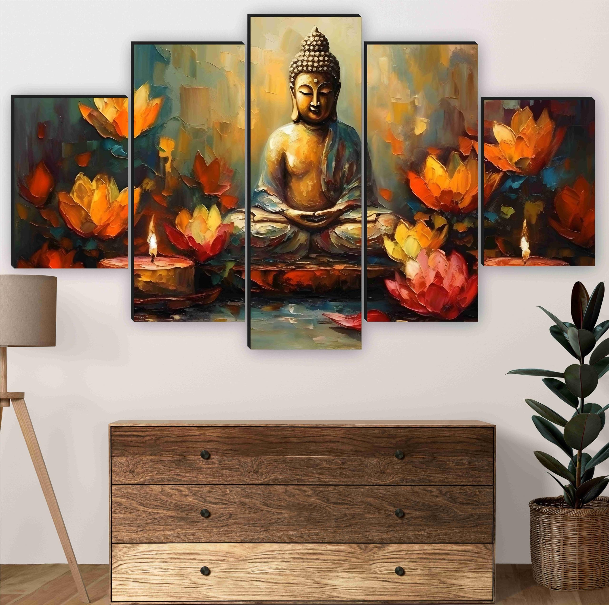 SAF Buddha Paintings for Wall Decoration - Set Of Five, 3d modern art Painting for Living Room Large Size with Frames for Home Decoration, Hotel, Office 76.2 cm x 45 cm SANFPNLS35457