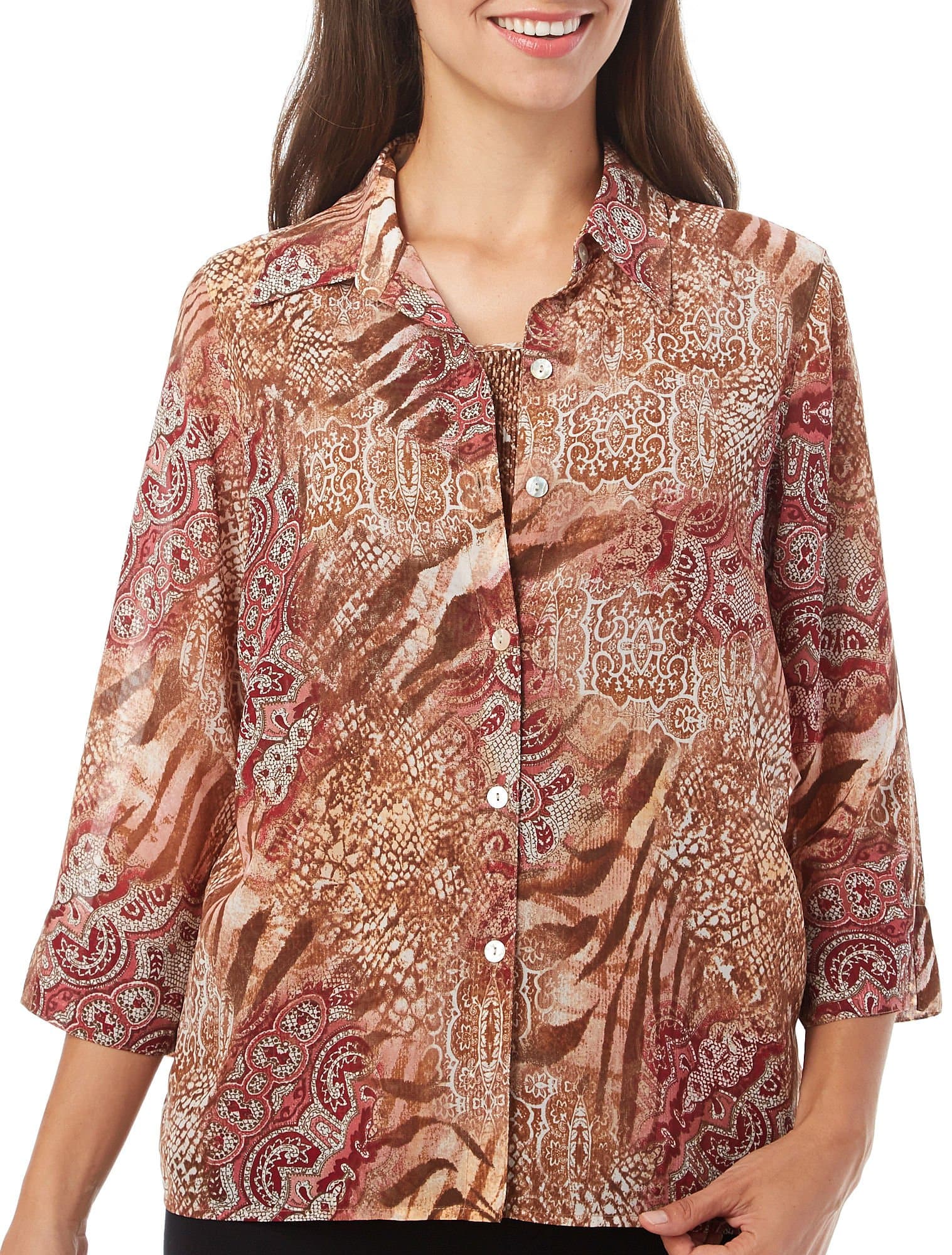 Alfred Dunner Womens Plus Printed Button Front Blouse