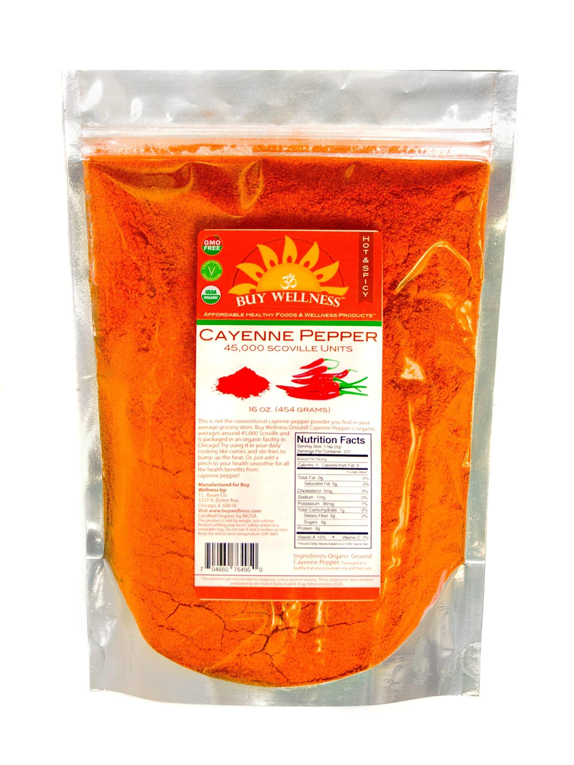 Organic Cayenne Powder, Buy Wellness, USDA Cert 35 K H.U FRESH QUALITY CHILI, Chef Grade Cayenne powder 16 ounces, (1 LB) BagUSDA Organic
