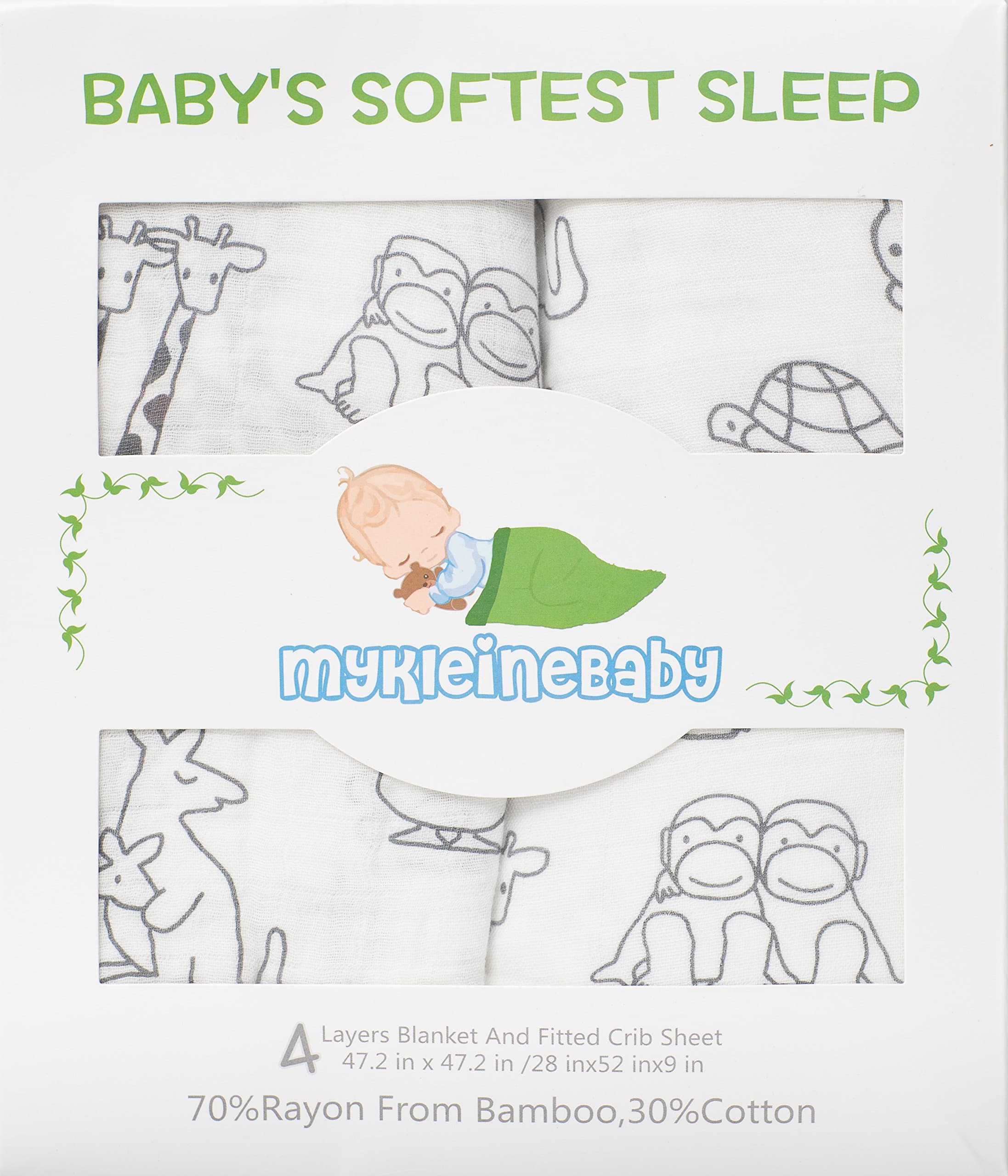 MyKleineBaby 4 Layers Muslin Blanket+Bonus 2 Layers Muslin Fitted Crib Sheet Set - Cotton Muslin Baby Blanket - Breathable Baby Blanket, Layered Soft Baby Blanket - Baby Shower Gift - Animal Print