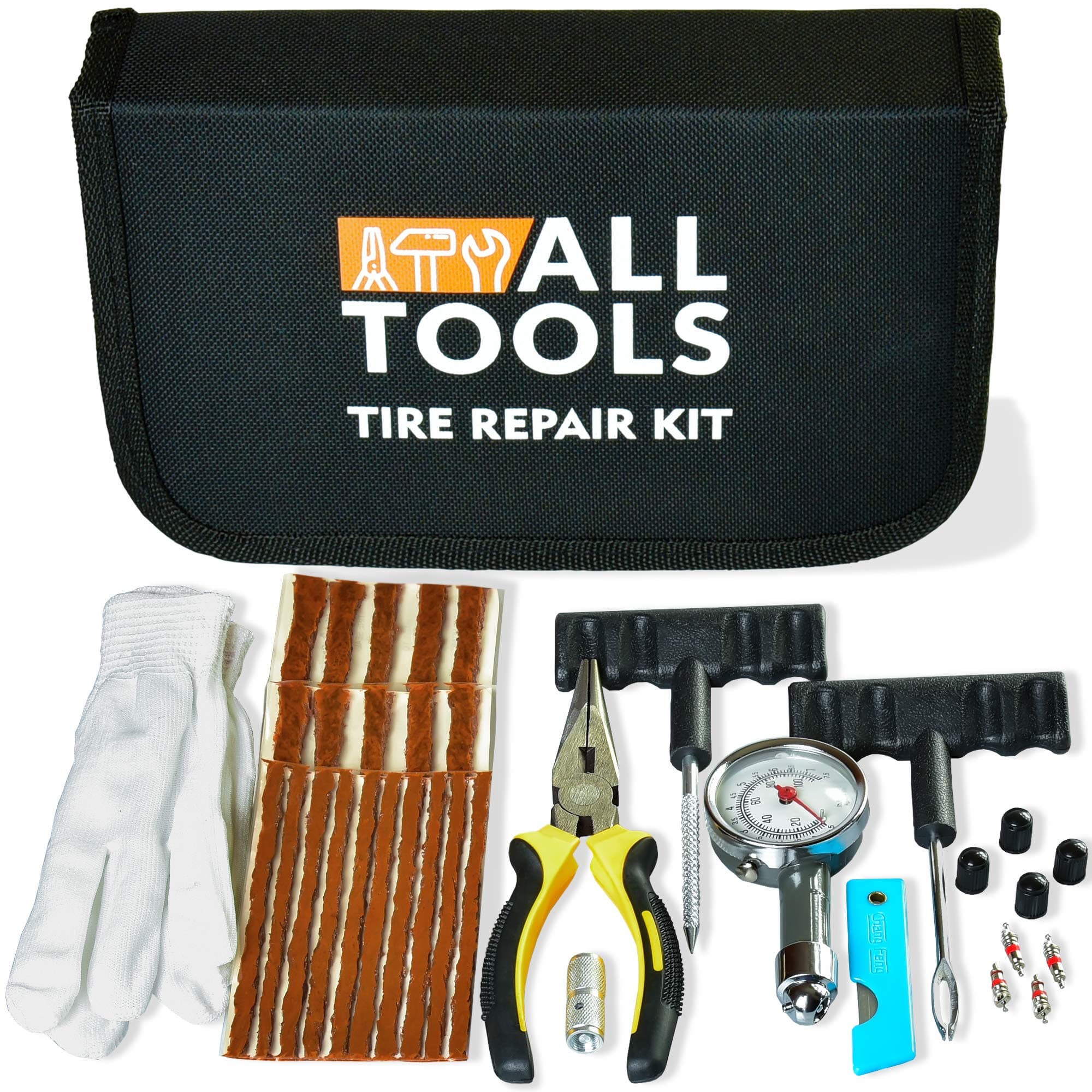 All Tools Heavy Duty Tire Repair Kit - 36 Pcs Tire Plug Kit with Quality Tire Pressure Gauge for Car, Motorcycle, ATV, SUV, Truck. Flat Tire Puncture Repair Patch Kit