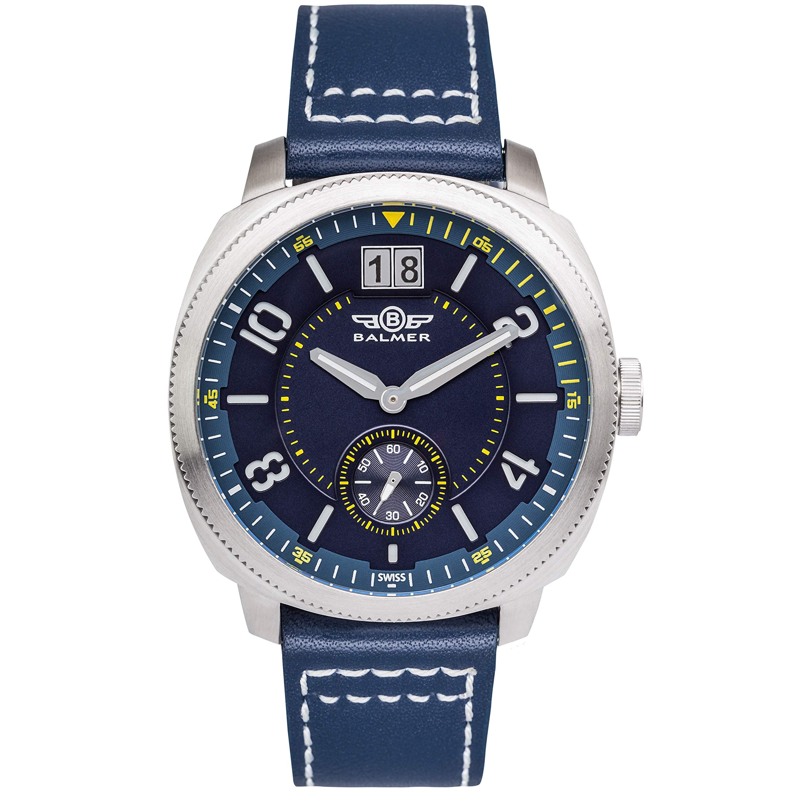 Swiss Made Stratos Mens Watch - Blue Leather Strap, Silver Case, Blue/Yellow Dial