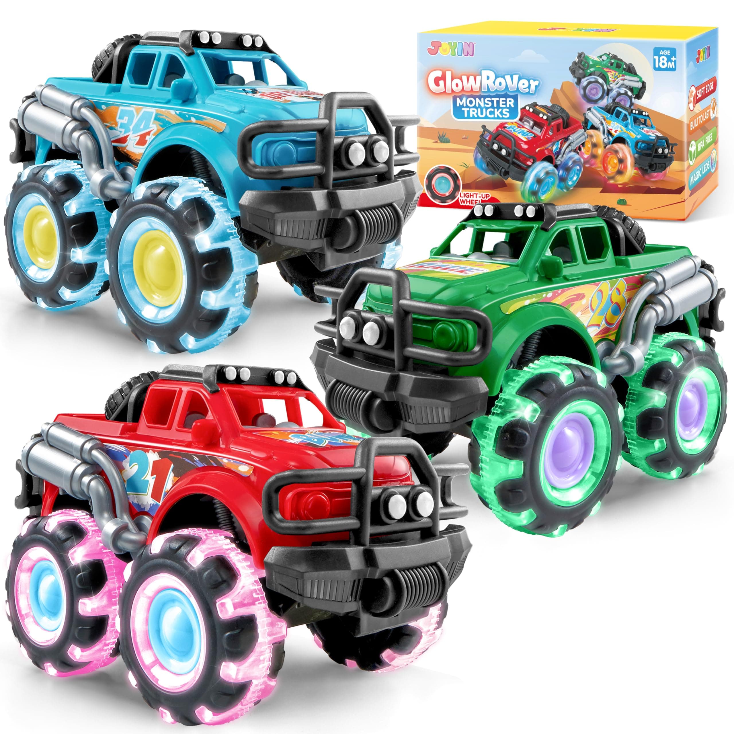 - JOYIN 3 Pack Monster Truck Toy - Toy Truck with Flashing LED Wheels - Light-Up Friction-Powered Cars for Toddlers - Boys Girls Easter Basket Stuffers Birthday Gift