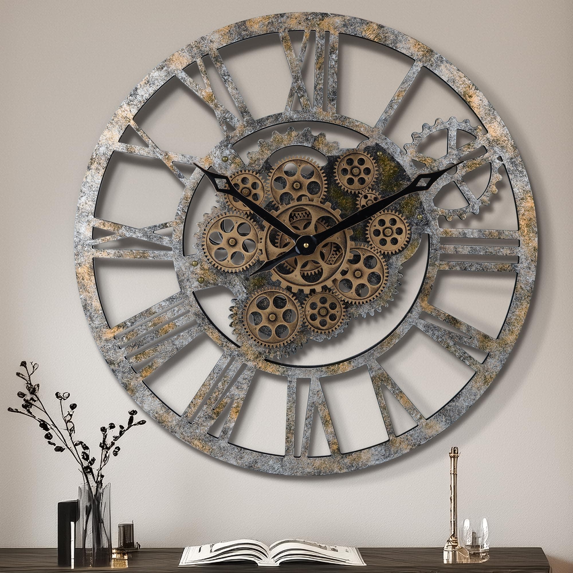 23 Inch Wooden Real Moving Gears Wall Clock Bronze,Large Oversized Farmhouse Rustic Vintage Industrial Clock for Living Room Decor