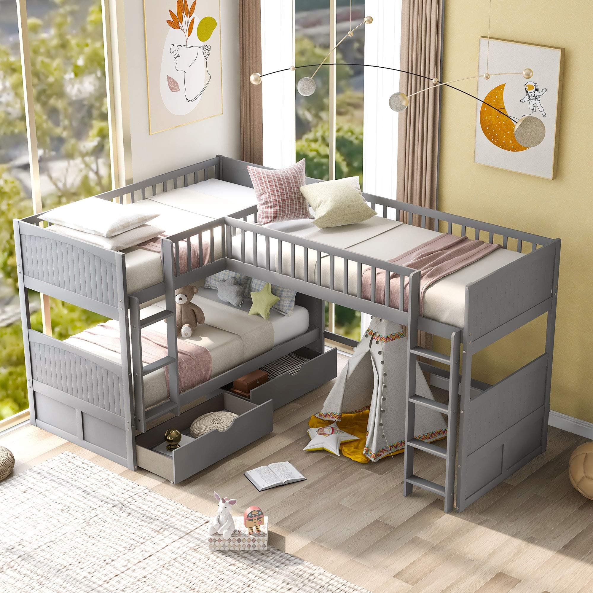 BOVZA Twin Over Twin L-Shaped Triple Bunk Beds with 2 Storage Drawers and 2 Ladders, Wooden Bunk Beds with a Loft Attached for 3 Kids Teens, Gray