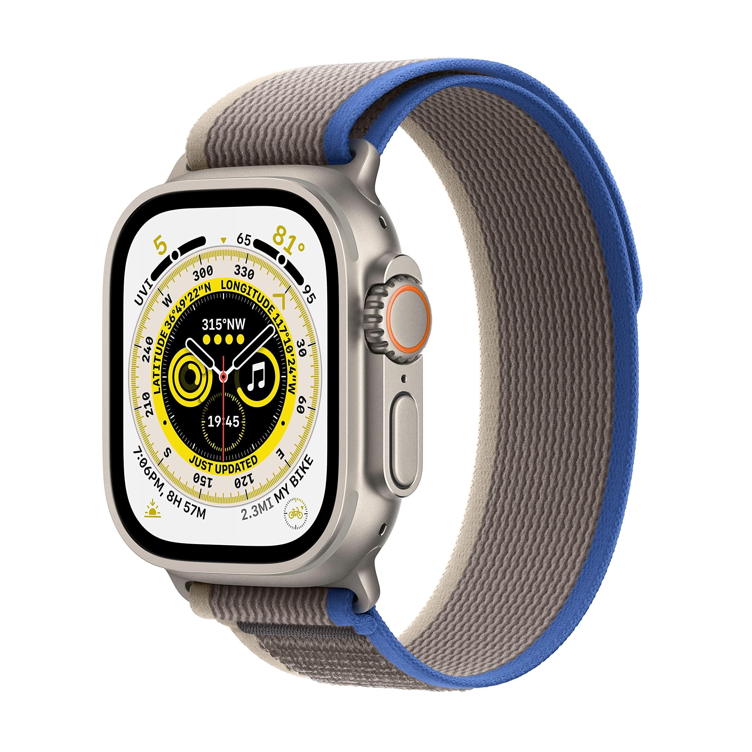 Apple Watch Ultra [GPS + Cellular 49mm] Titanium Case with Blue/Gray Trail Loop, S/M (Renewed)