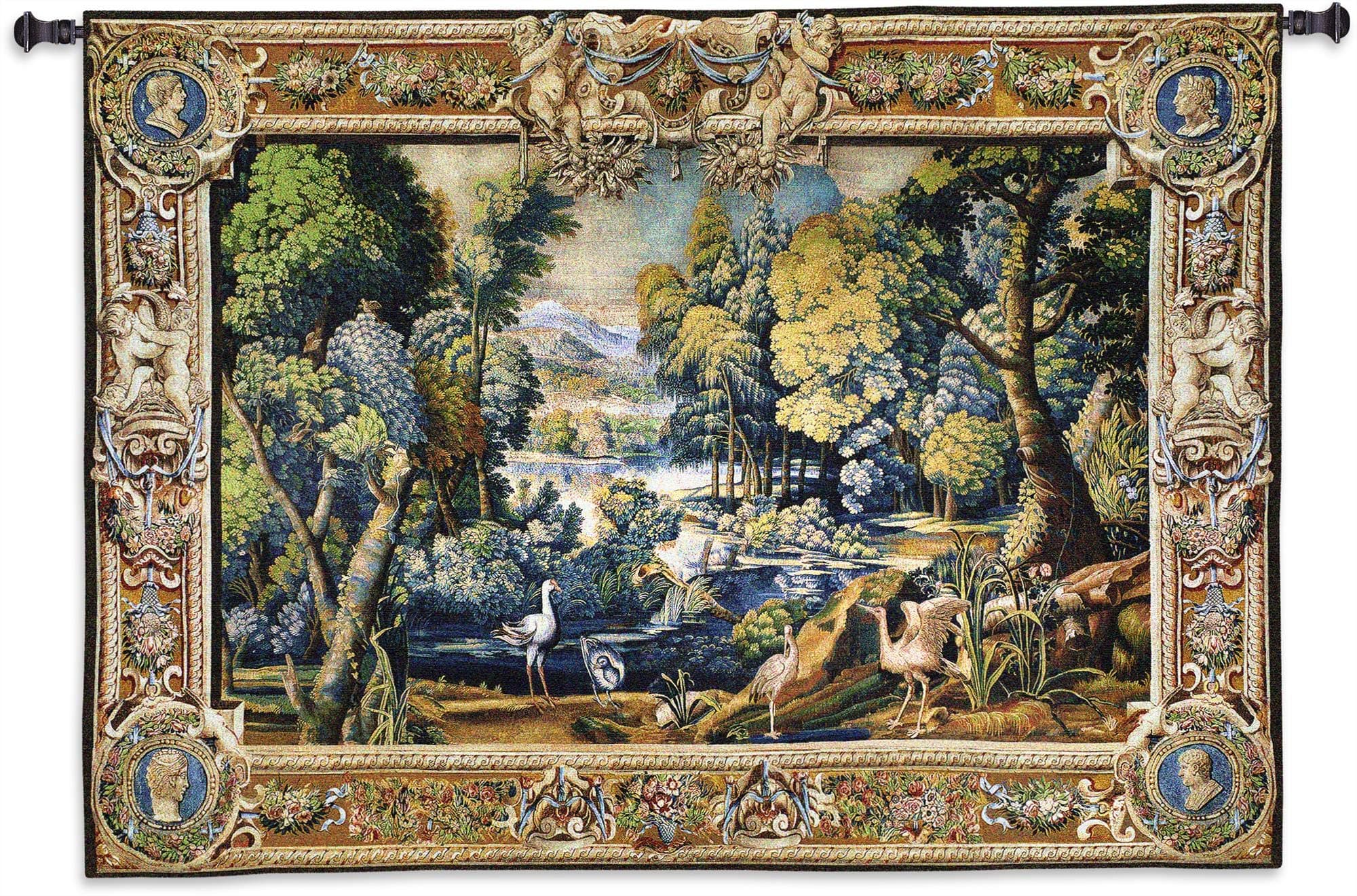 15th Century Landscape | Woven Tapestry Wall Art Hanging | Abundant Medieval Forest with Animals | 100% Cotton USA Size 71x53