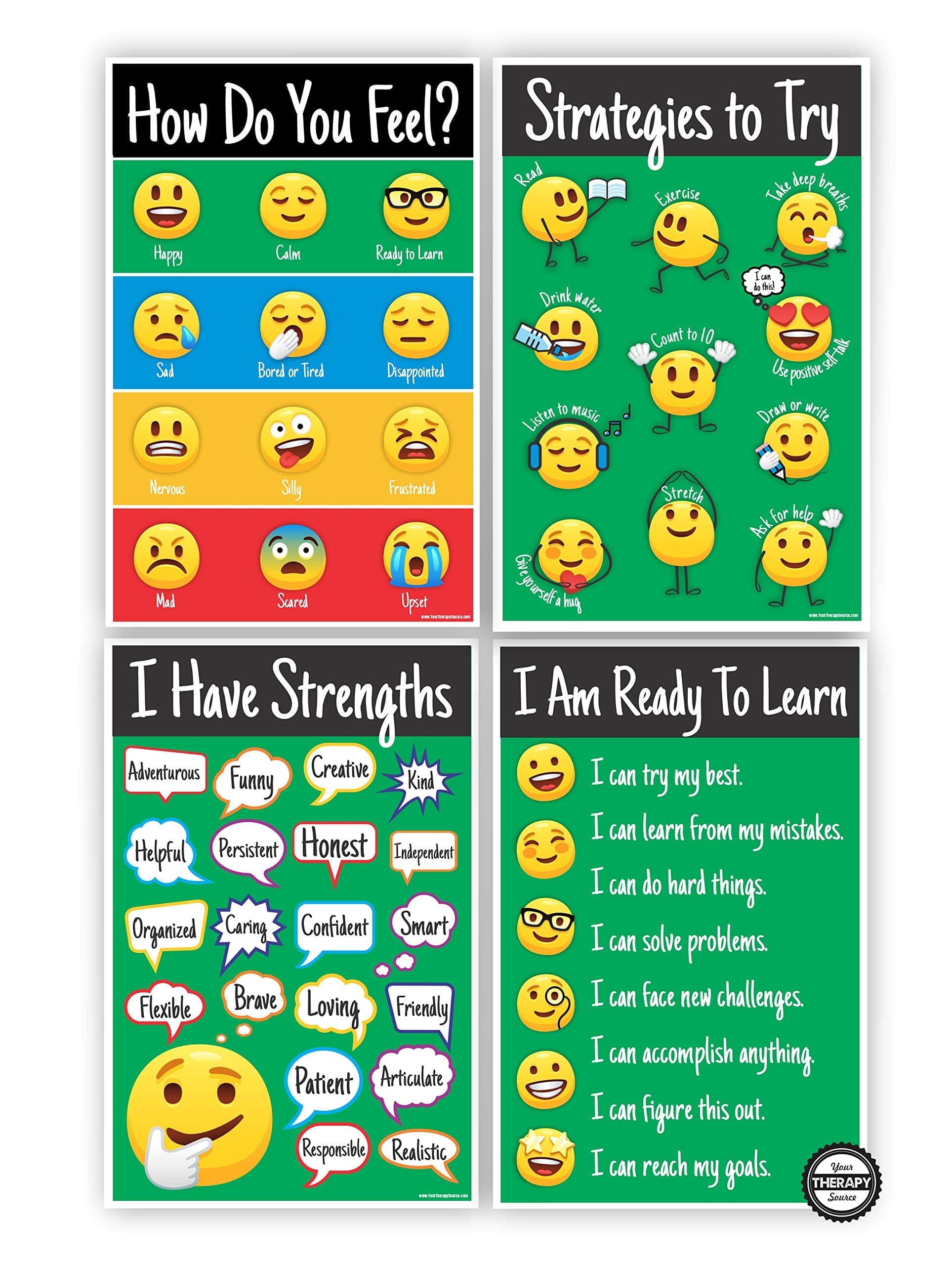 Your Therapy Source Four Emotional Regulation Posters Emotion Chart For Kids. Emotions Poster for Classroom. Feelings Poster For Kids 11 By 17" Posters To Help Students With Learning About Emotions