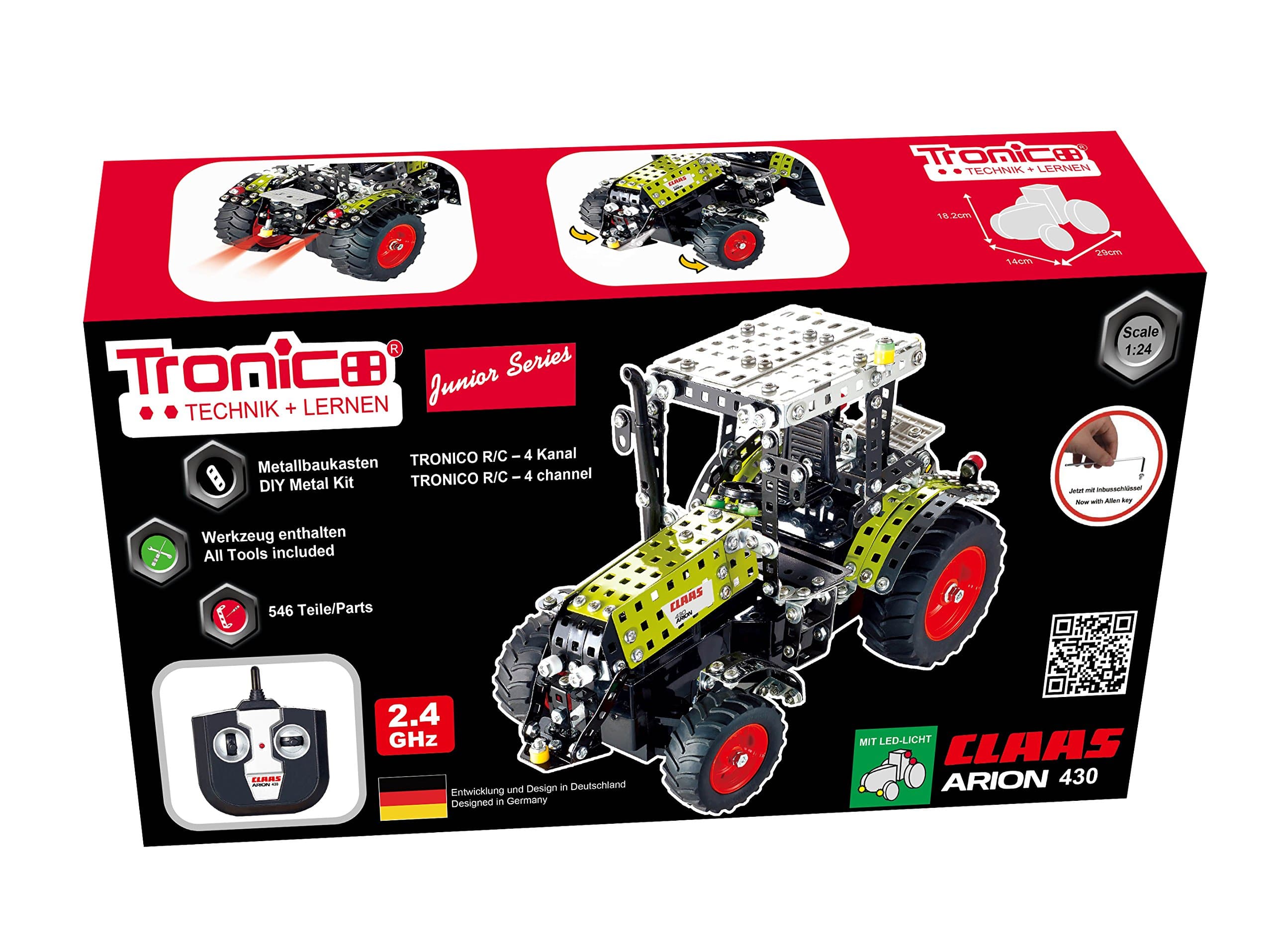 Metal Construction Model Kit 2.4 G RC Tractor Set Claas 430 Arion 547 parts + LED light + function tools + picture manulk Radio Controlled mechanical building farm toy age 12+ STEM Tronico