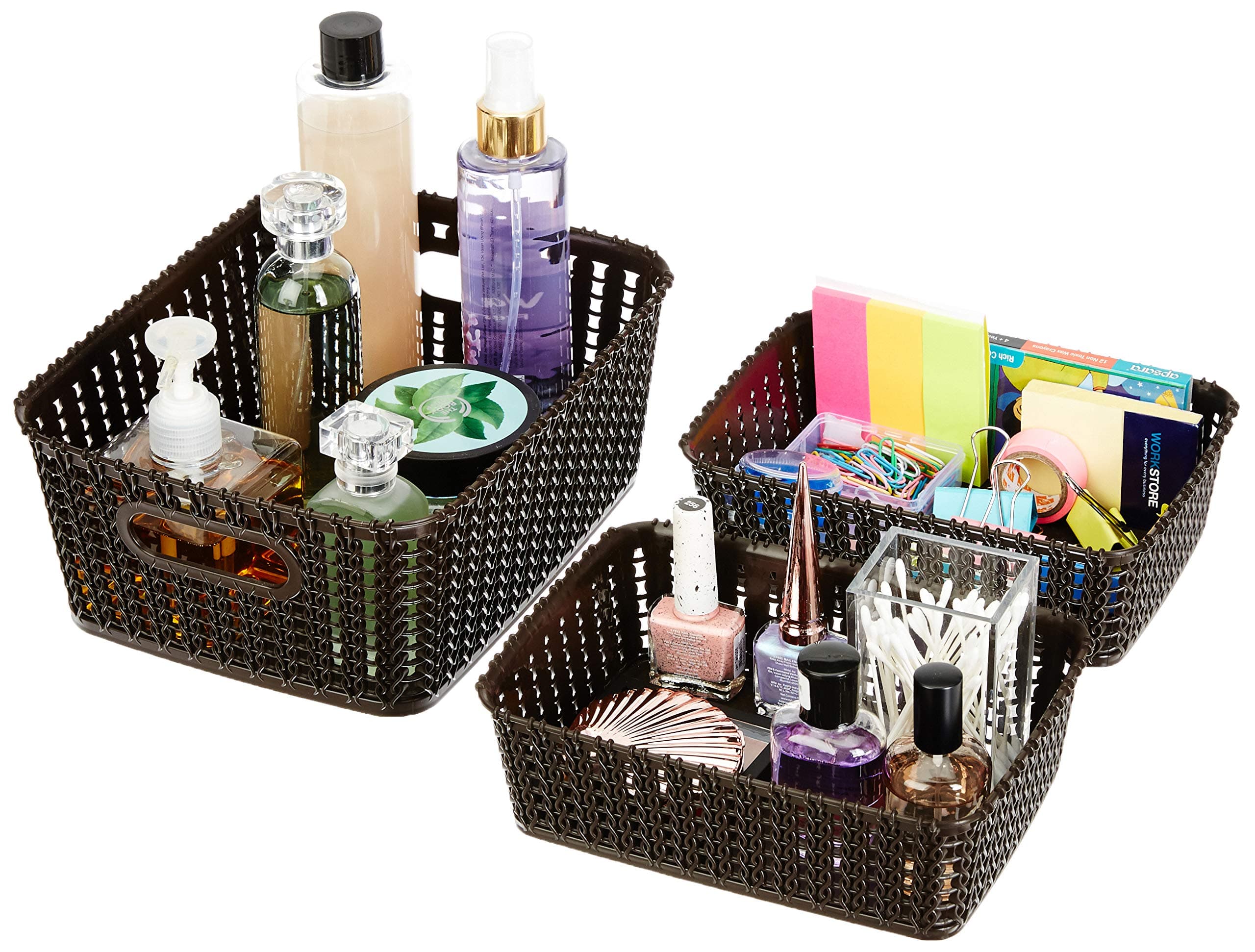 Amazon Brand - Solimo Plastic 3 Piece Storage Basket Set, Brown, Rectangular