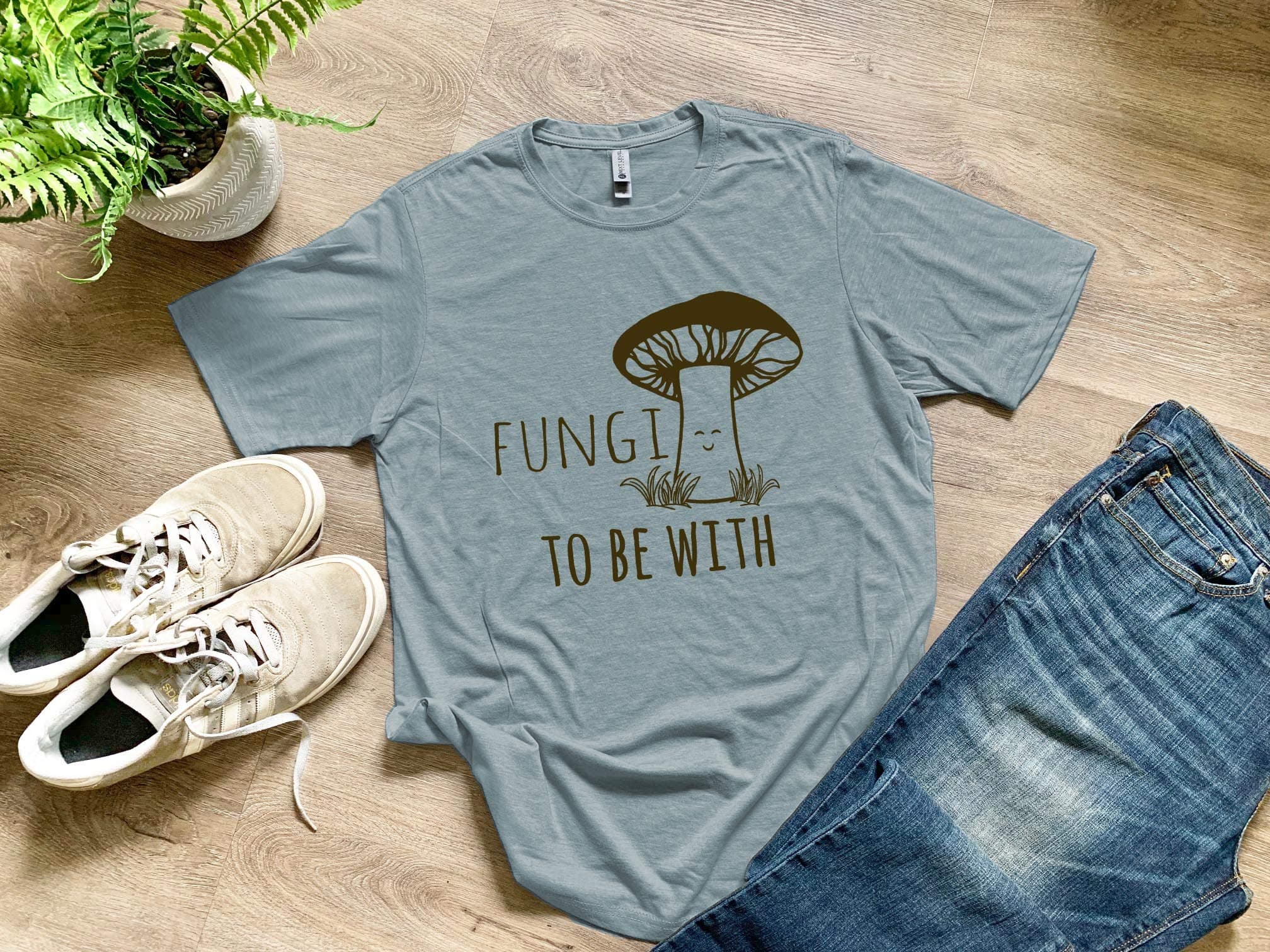 Moonlight MakersFungi To Be With, Mushroom Pun, Graphic Men's Tee, Funny T Shirt, Shirts with Sayings, Stonewash Blue or Indigo (S, Stonewash Blue)