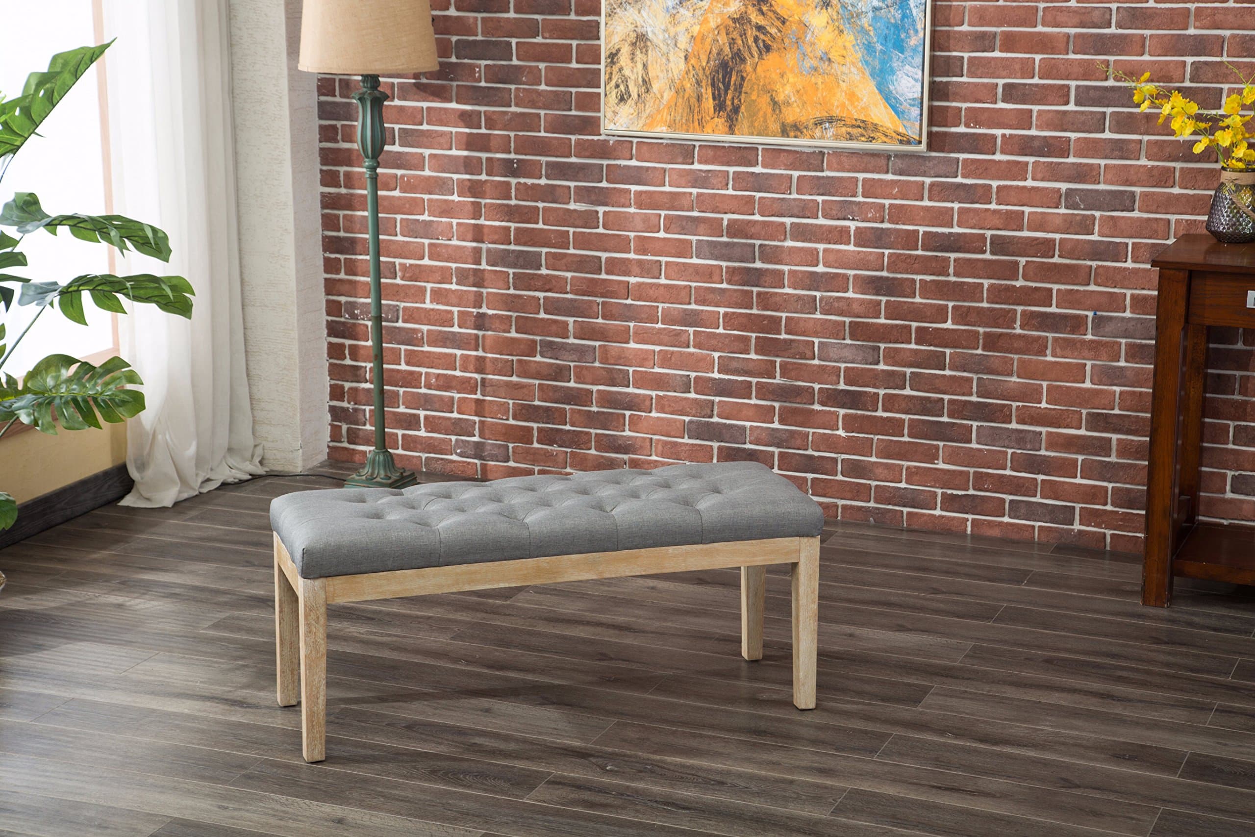 Roundhill FurnitureMod Urban Style Solid Wood Button Tufted Fabric Dining Bench, Grey