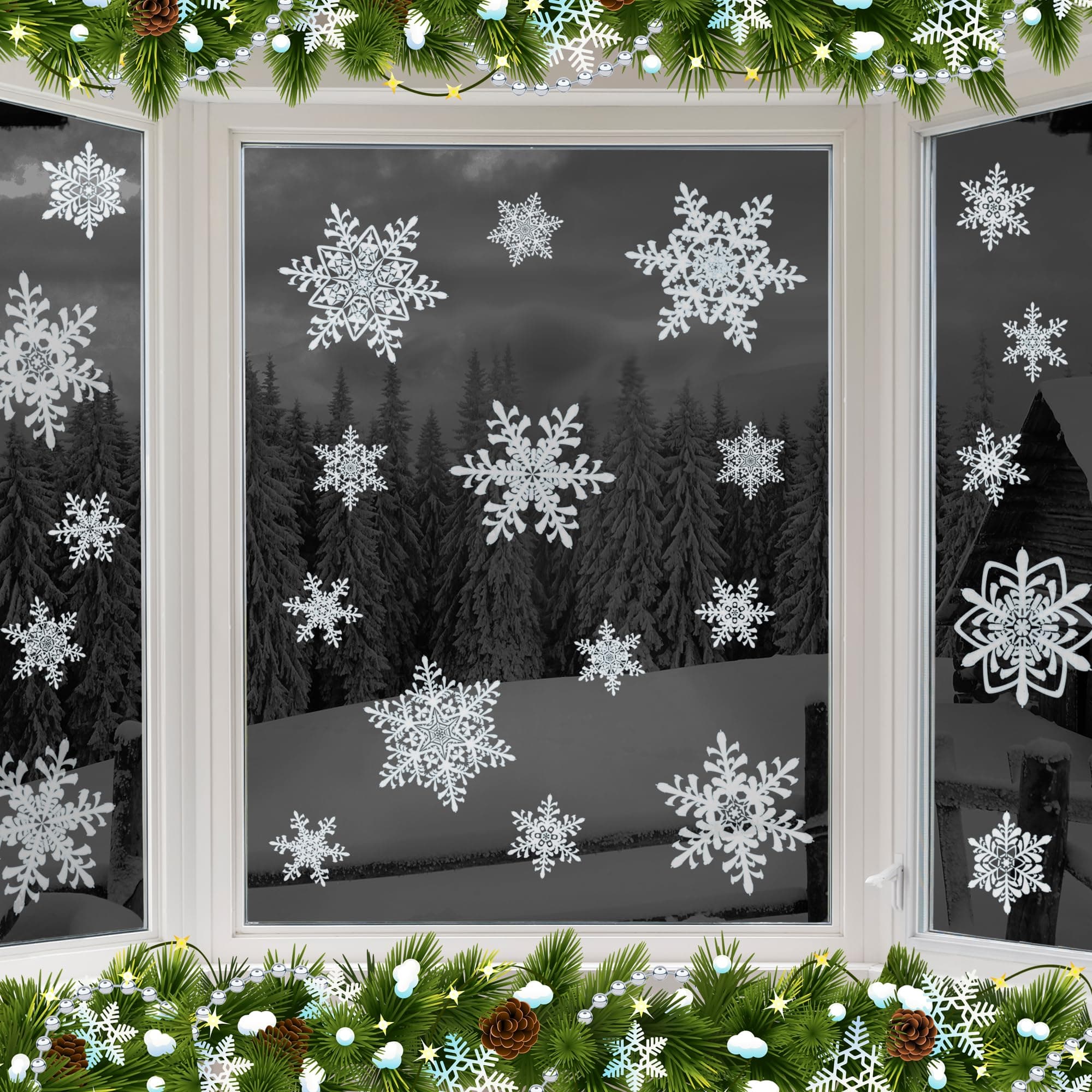 24 Large Snowflake Window Clings - Quick and Simple Christmas Decoration Stickers - Glueless PVC Window Stickers for Glass Reusable Indoor Xmas Stickers