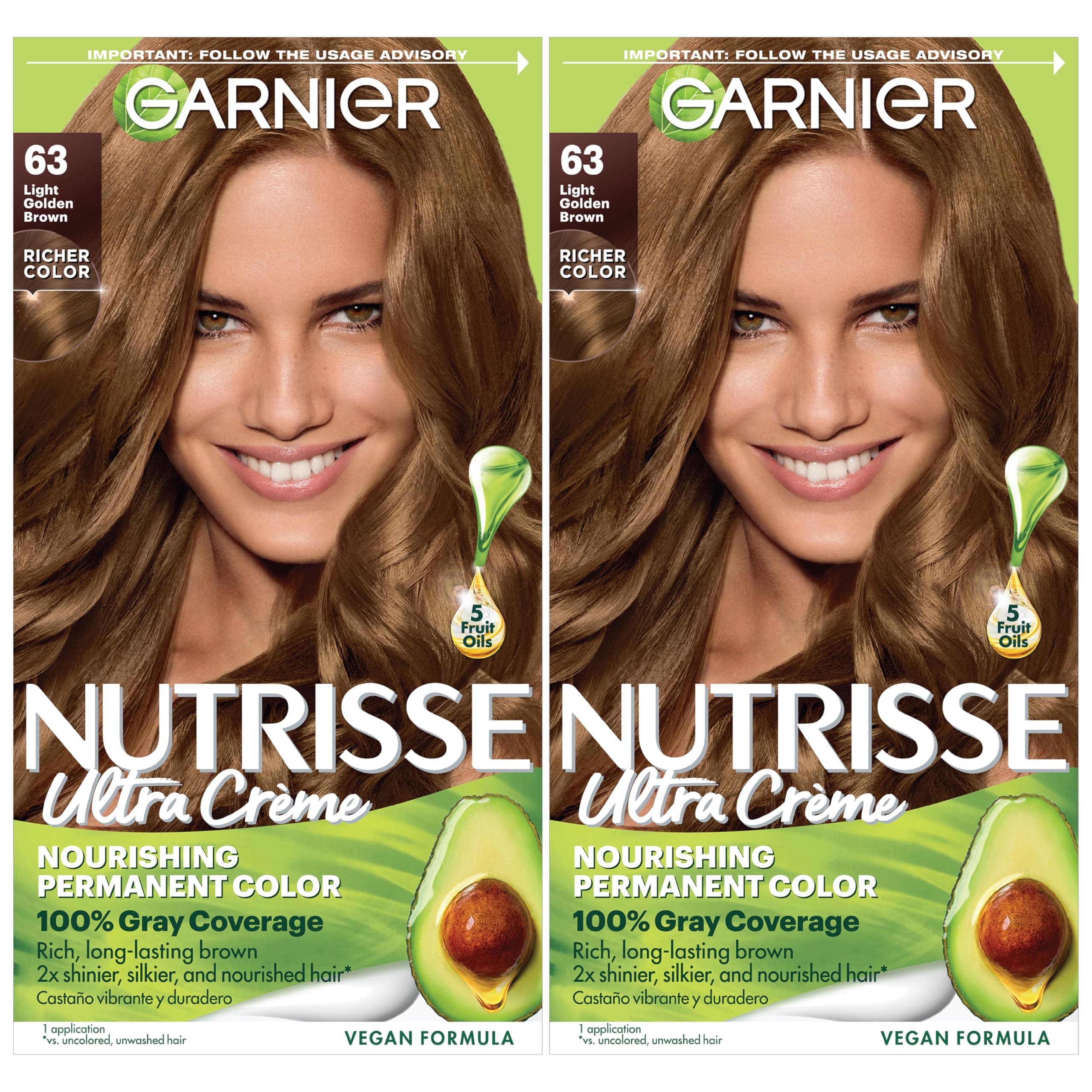 Garnier Nutrisse Ultra Crème Hair Color, Permanent Hair Dye with 100% Gray Coverage, Vegan & Cruelty-Free, 63 Light Golden Brown (Brown Sugar), 2 Count