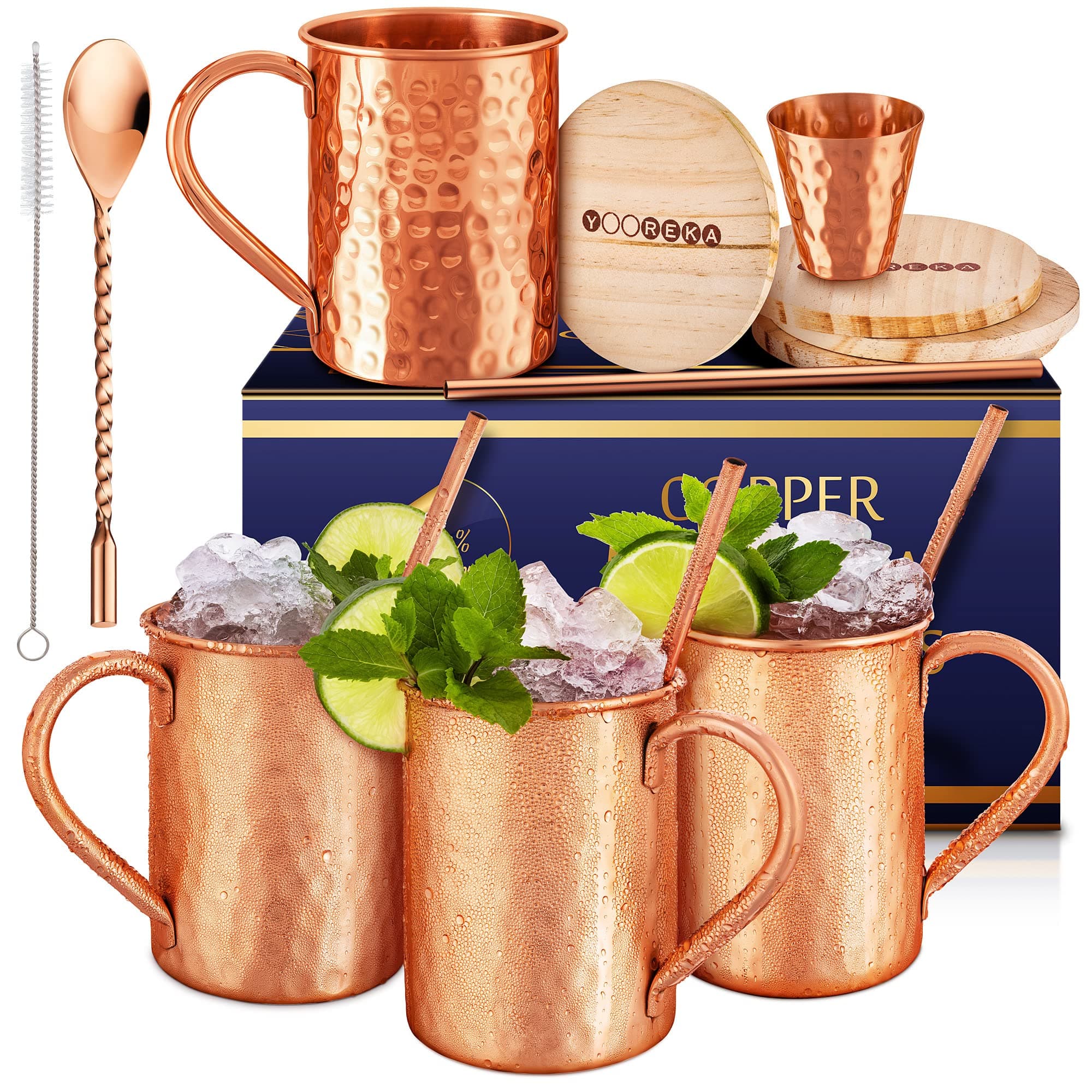 Gift Set Moscow Mule Mugs Set Of 4 16 oz Solid Cooper, 100% Pure Copper Cups Cylindrical Shape HANDCRAFTED, BONUS 4 Straws, 4 Wood Coasters, Stirring Spoon, And Shot Glass (Square)