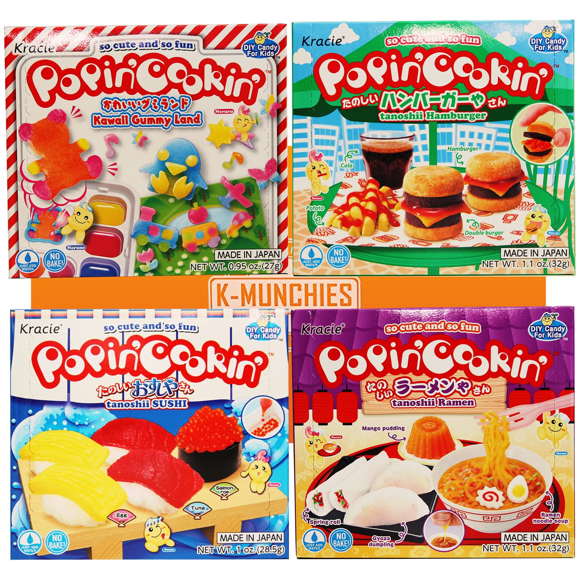 K-Munchies Kracie Popin Cookin Kits - 4 Pack Assorted Japanese Candy Making Kit Bundle - DIY Ramen, Hamburger, Gummi Land, Sushi Candy Poppin Cookin Kits - Edible Food Made in Japan