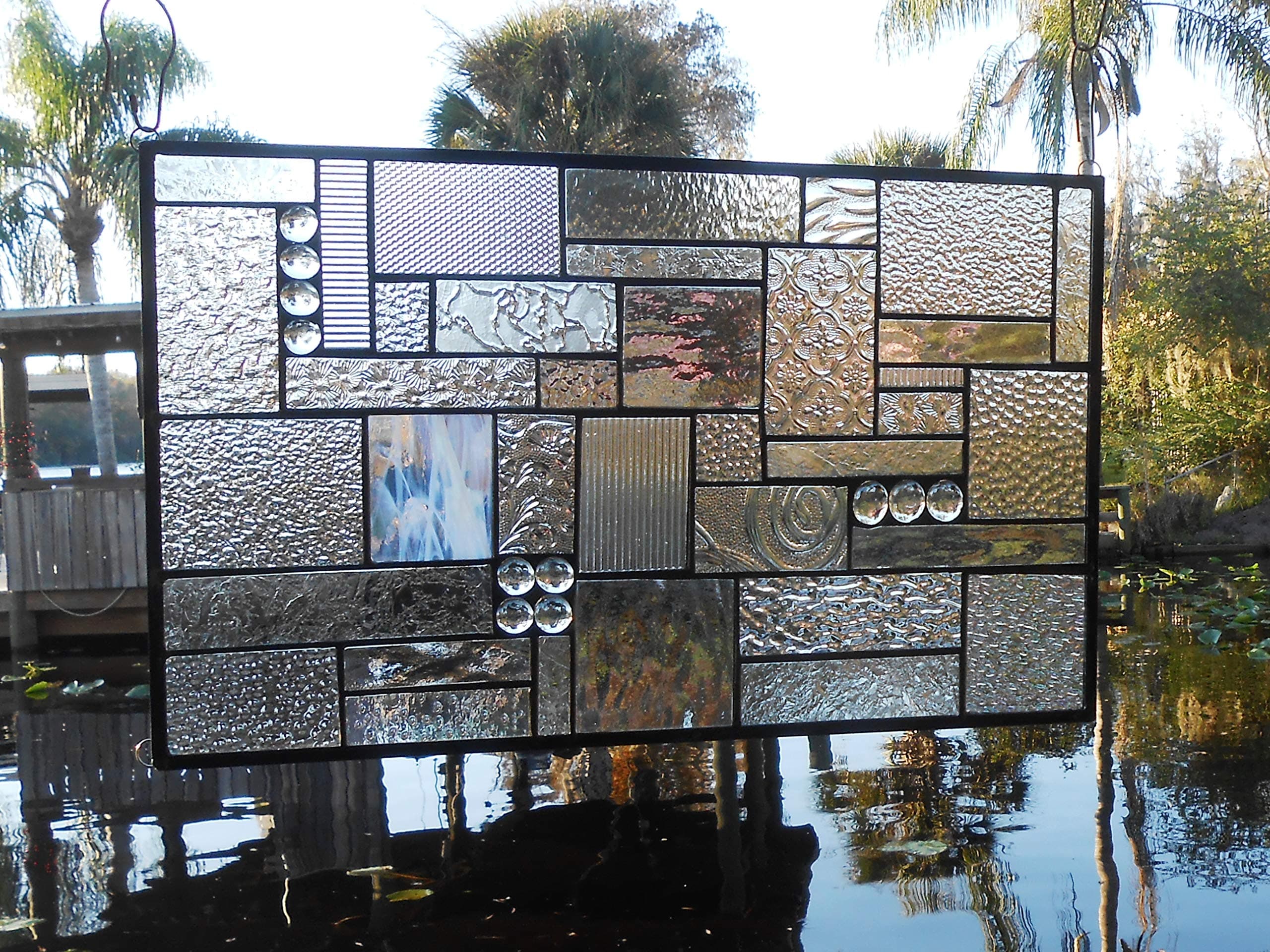Stained Glass Window Panel, Crystal Clear Textures, Geometric Patchwork