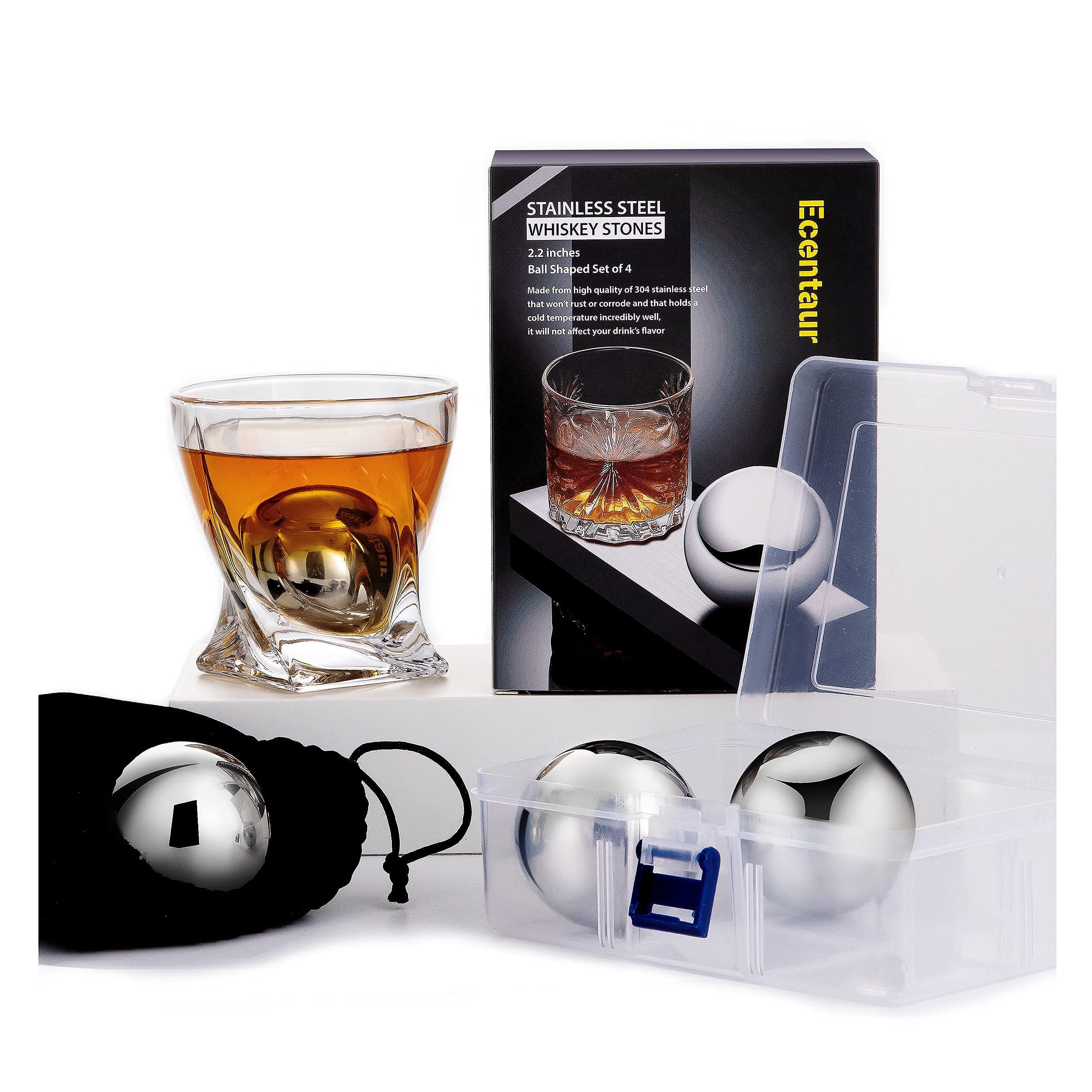 Large Whiskey Stones Stainless Steel Metal Ice Cube Reusable Balls 2.2" Gift Set for Men Chilling Drinks Set of 4