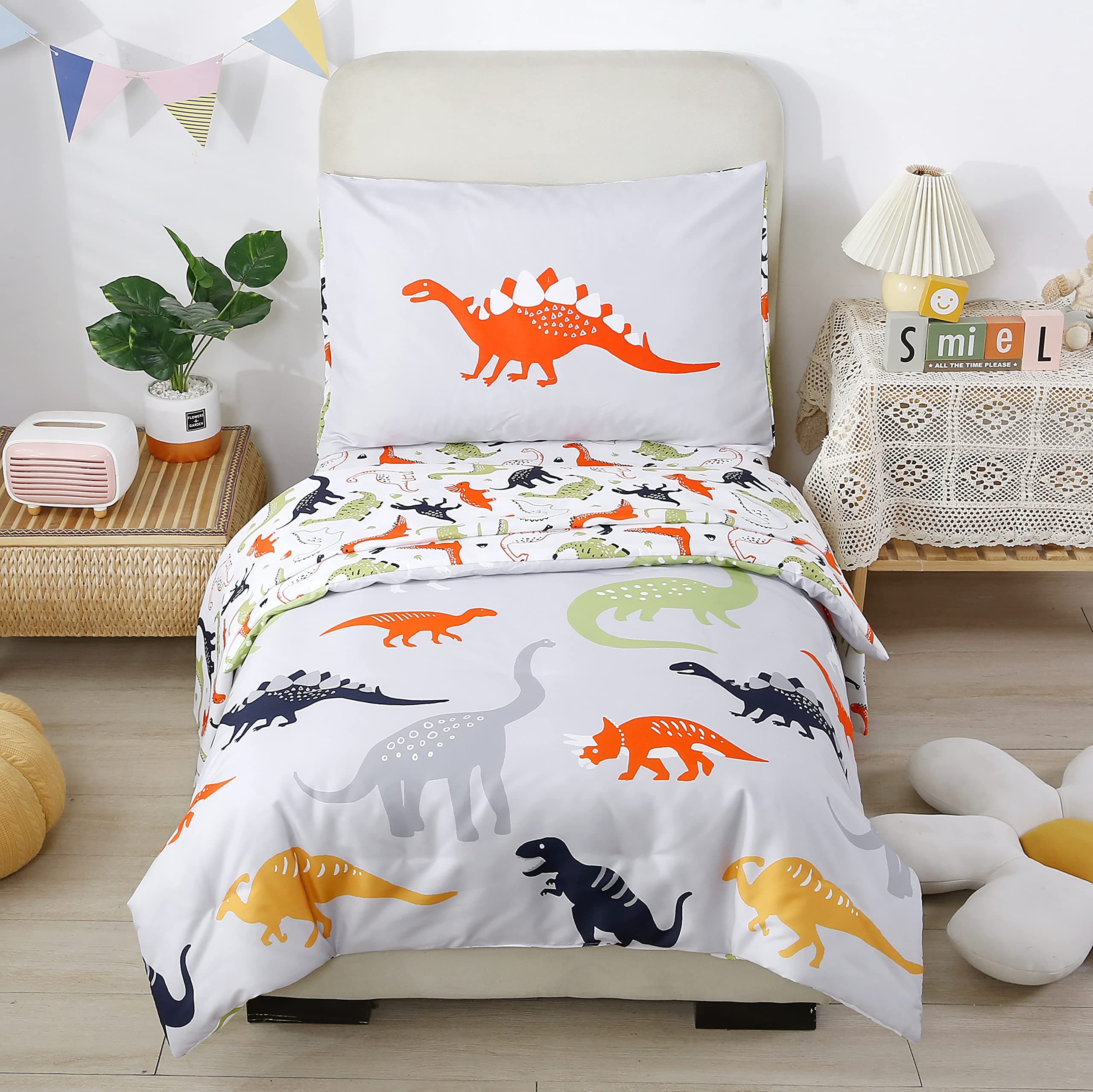 STYHO Kids Dinosaur Print Duvet Cover Set Cartoon Animal Pattern Bedding Set for Boys Junior/Toddler/Cot Bed Matched Pillow Case(Reversible, Grey, Cot Bed)
