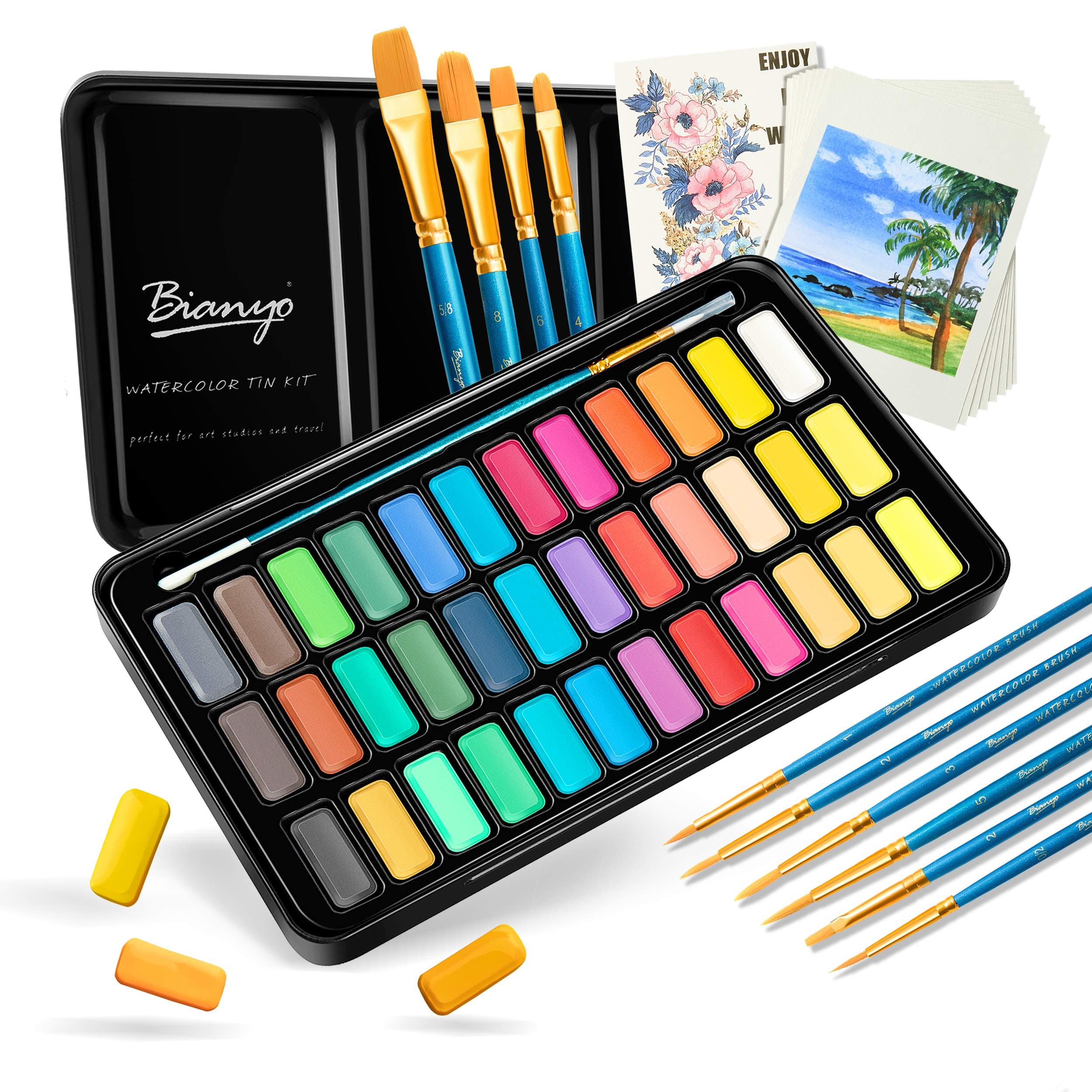 Bianyo 36 Colors Watercolor Paint Set with 10+1 pcs Watercolor Brushes, 8 pcs Watercolor Paper, a Watercolor Paper Swatch and a Zipper Pouch