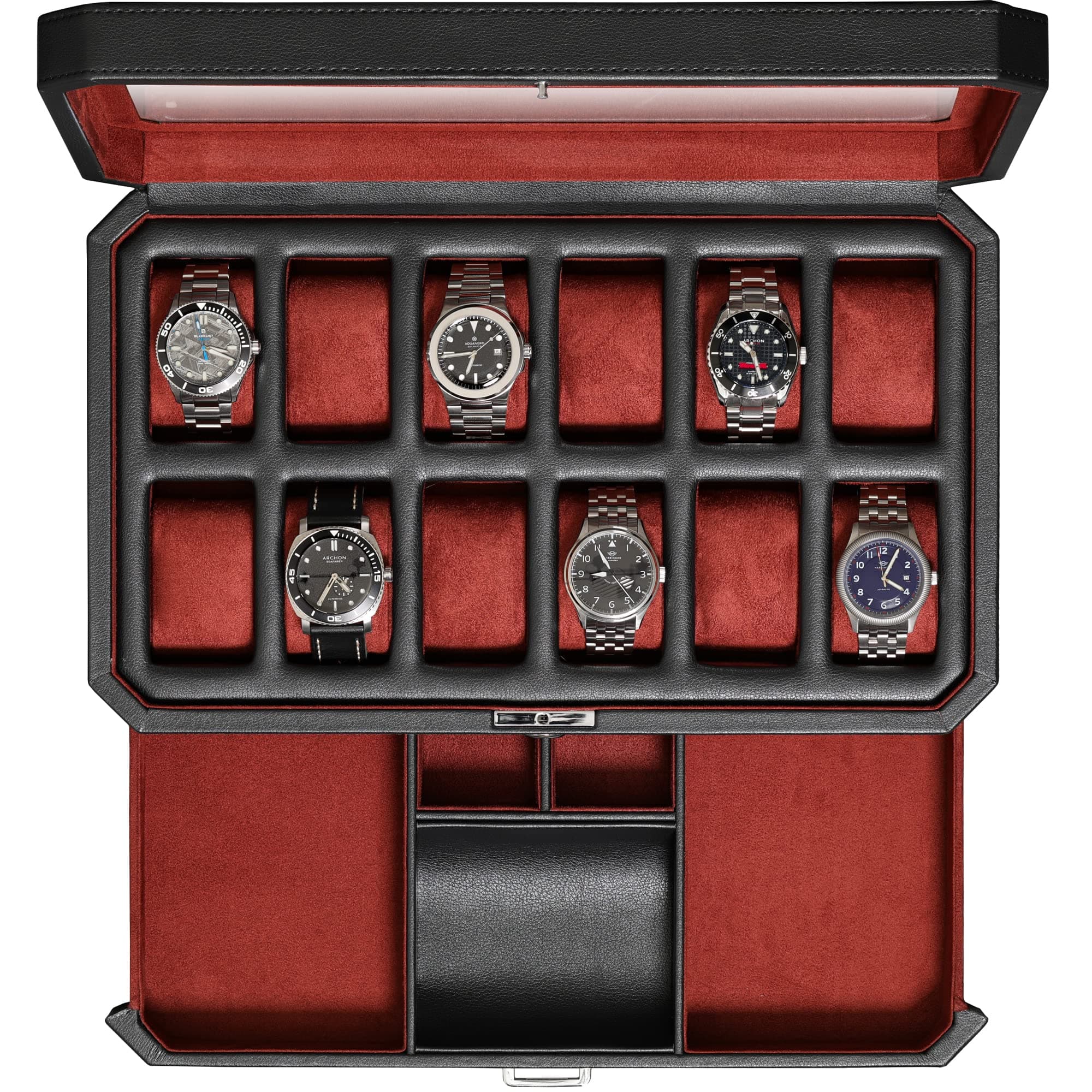 Watch Box with Valet Drawer for Men - 12 Slots Luxury Watch Case Display Organizer Micro Suede Liner Lock Mens Jewelry Watch Holder Mens Storage Box Holder Large Glass Top Black/Red