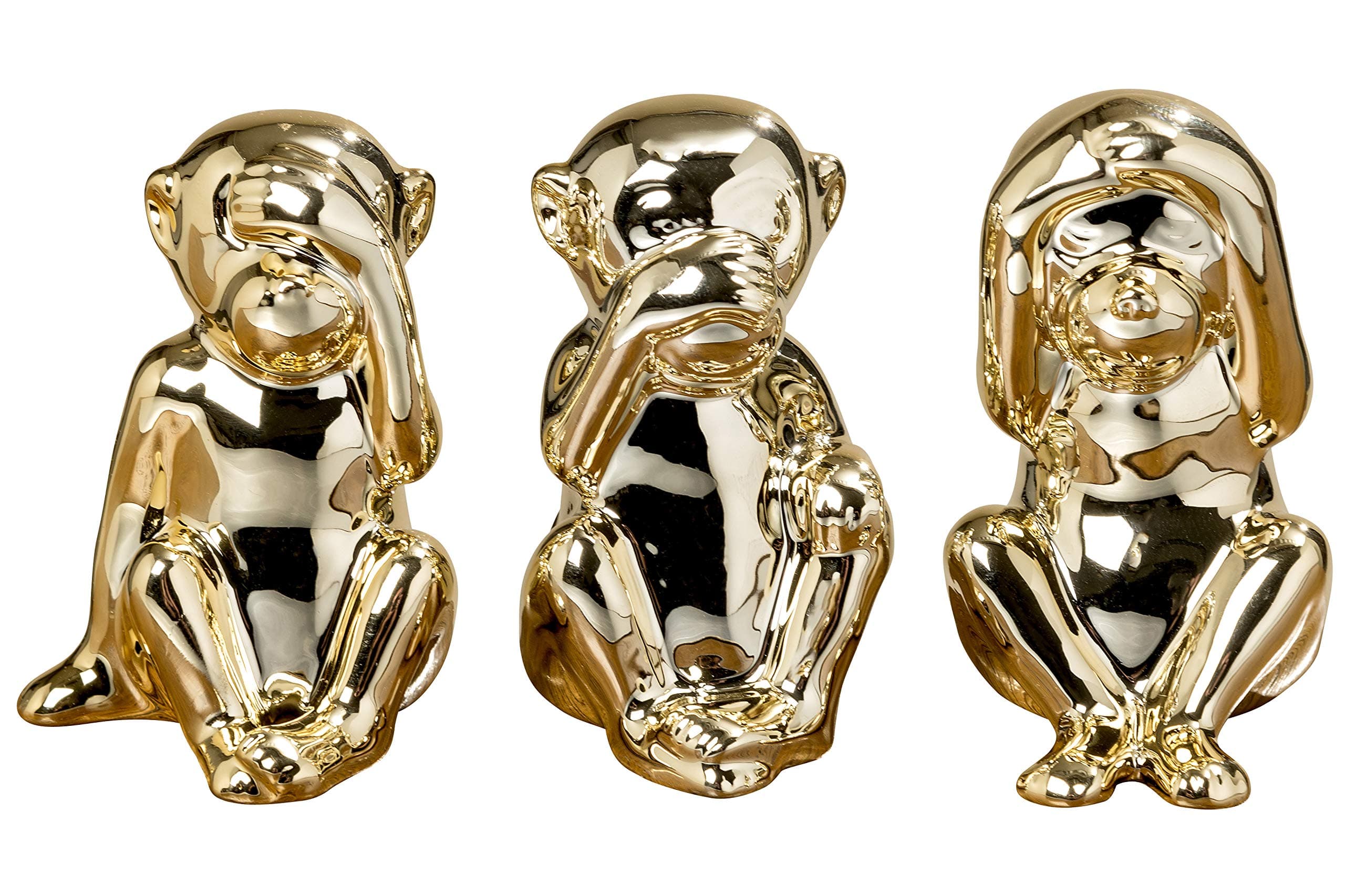 WHW Whole House Worlds 3 Piece Wise Little Monkeys, 3 Piece Figurine Set, Hear No Evil, Speak No Evil, See No Evil, Brilliant Gold Glaze, Fine Porcelain, Each 3 Inches Tall