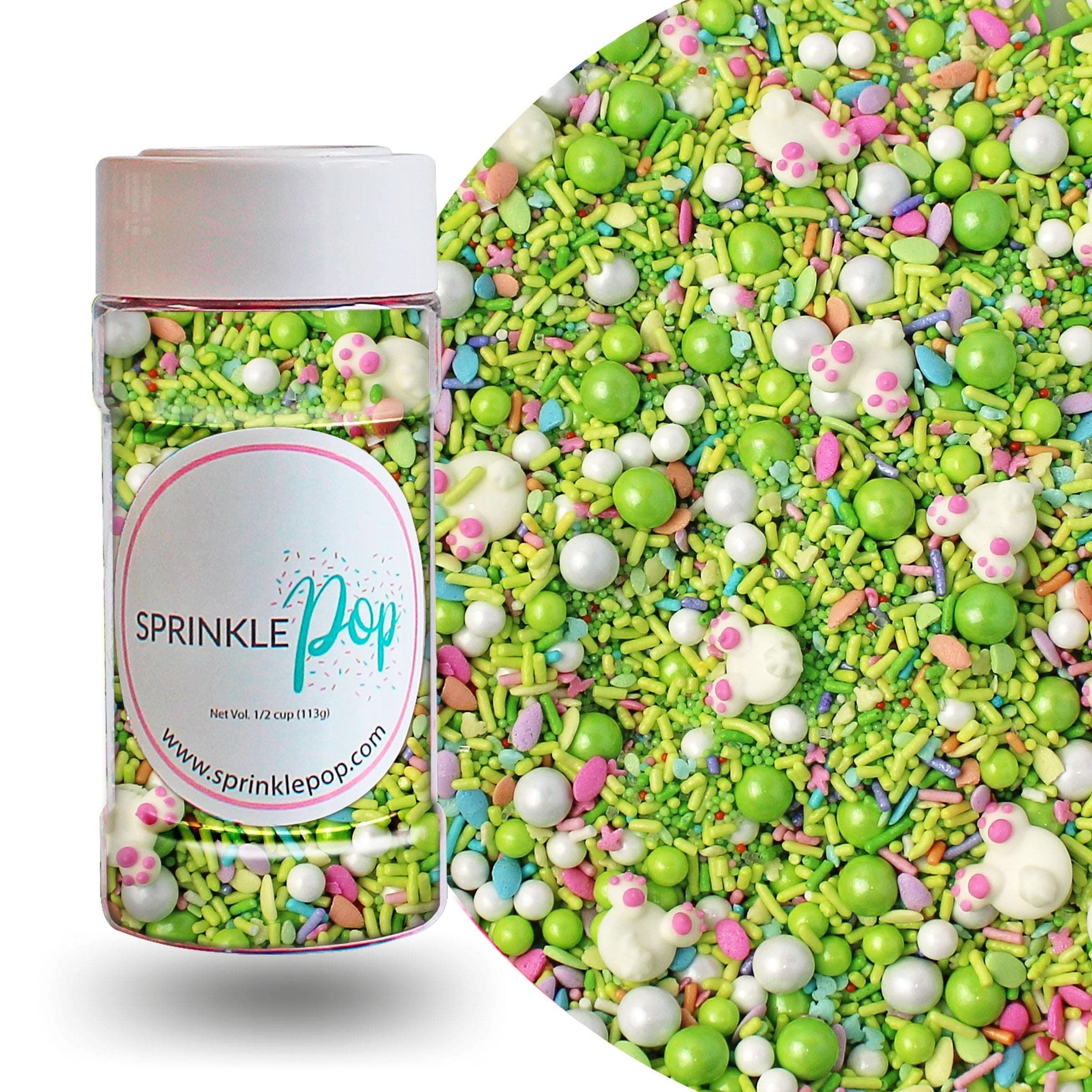 Sprinkle Pop Cottontail Sprinkle Mix| Lime Green White Sprinkles with ~12 White Bunny Royal Icings & Pink Pastel| Easter Sprinkles Made in USA for Decorating Cakes Cupcakes Cookies Ice Cream, 4oz