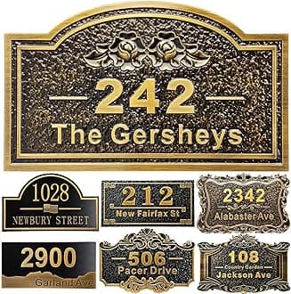 Personalized House Address Plaque 12" Cast Numbers for Outside Custom Street Name Address Sign Plate Vintage for Mailbox Door Room Classic Wall Outdoor Antique Brass