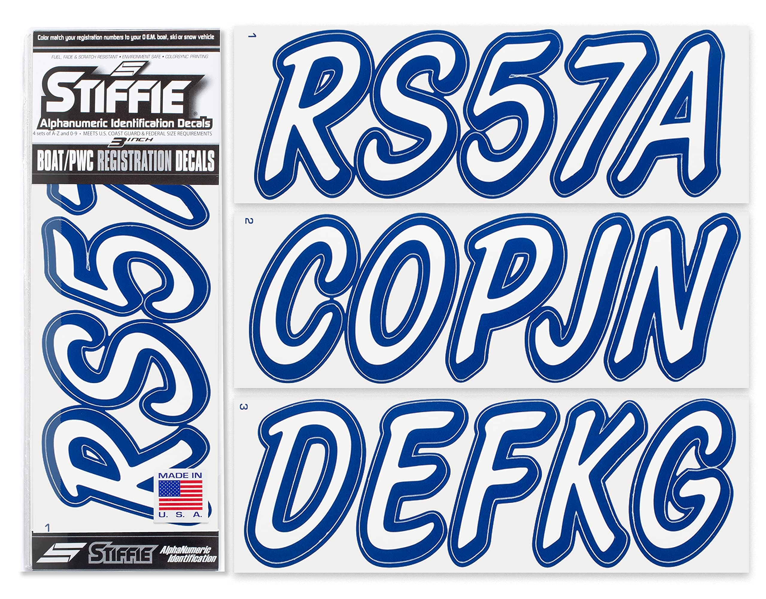 STIFFIE Whipline Solid White/Navy 3" Alpha-Numeric Registration Identification Numbers Stickers Decals for Boats & Personal Watercraft