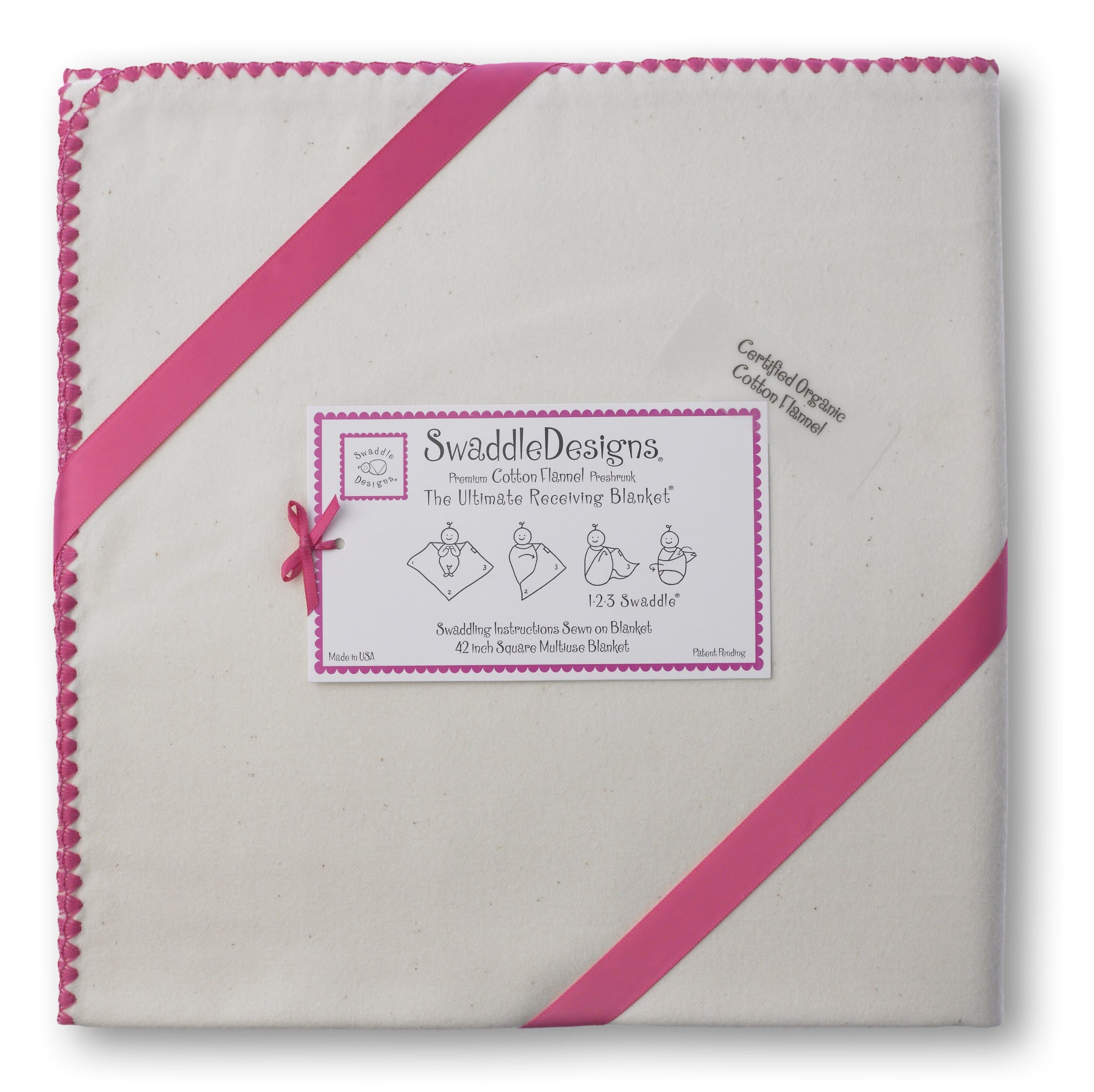 SwaddleDesigns Organic Ultimate Winter Swaddle, X-Large Receiving Blanket, Made in USA, Premium Cotton Flannel, Natural with Color Trim, Fuchsia (Mom's Choice Award Winner)