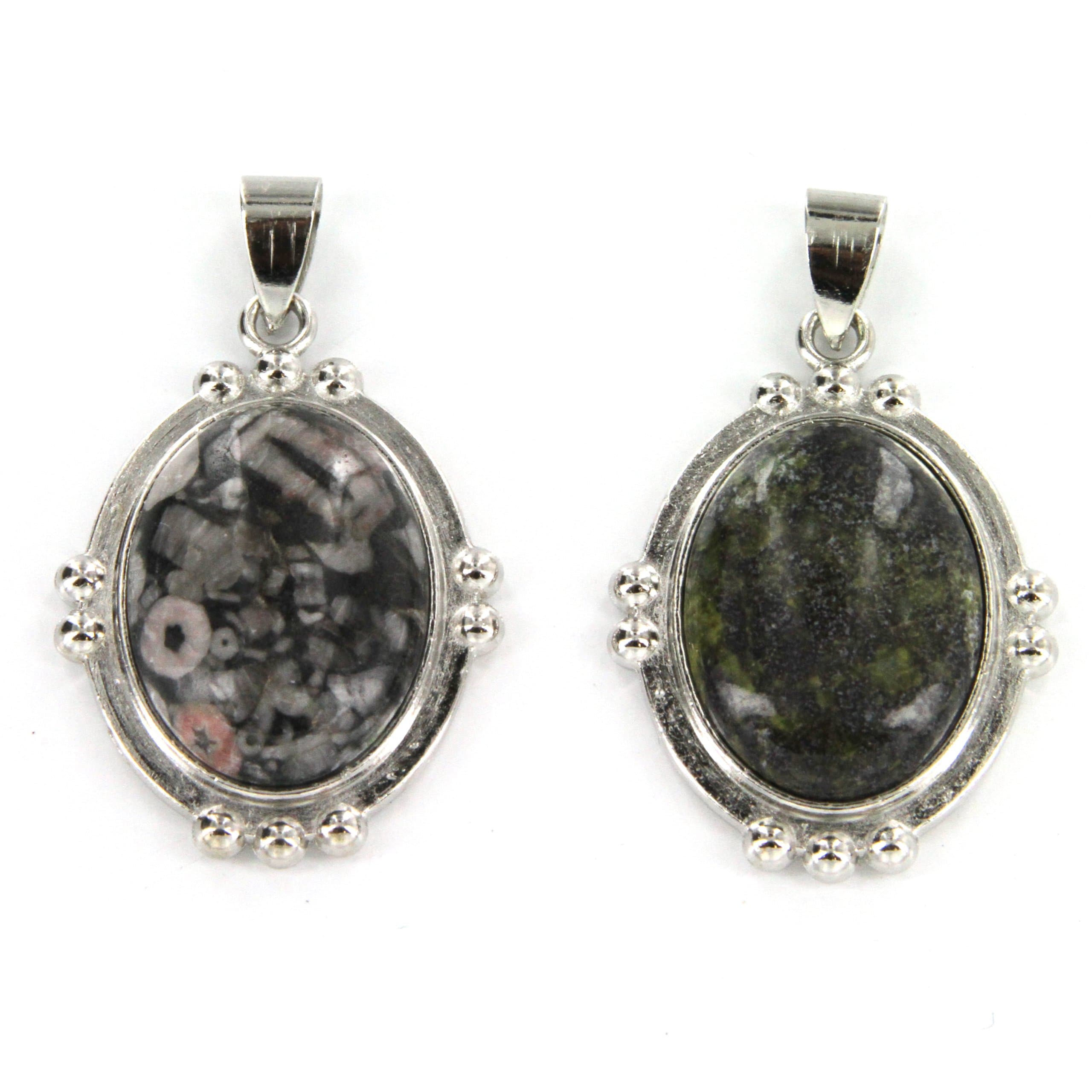 Semi Precious Stone Pendant Set in Oval Design - Dragon Blood Jasper, Insect Fossil Jasper - Set of 2