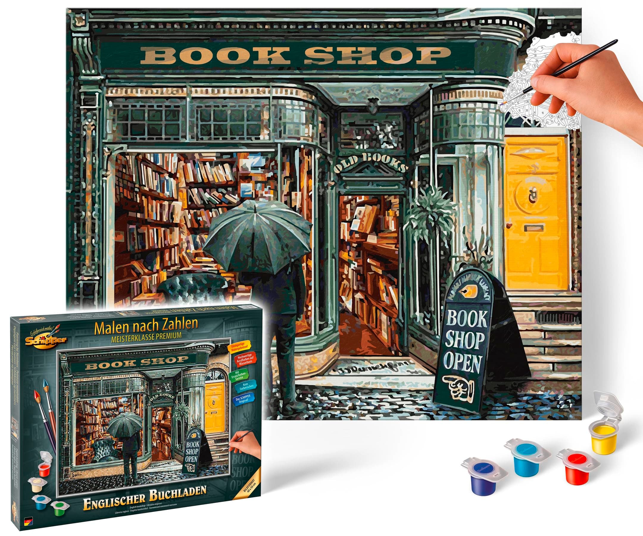 Schipper 609130897 Paint by Numbers - English Bookstore - Painting Pictures for Adults, Includes Brush and Acrylic Paints, 40 x 50 cm