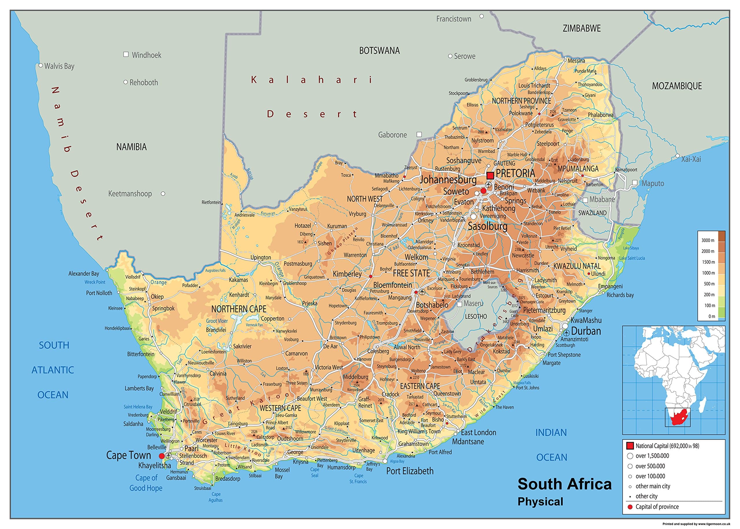 Physical Map of South Africa - Size A1-59.4 x 84.1cm - Paper Laminated Office Product