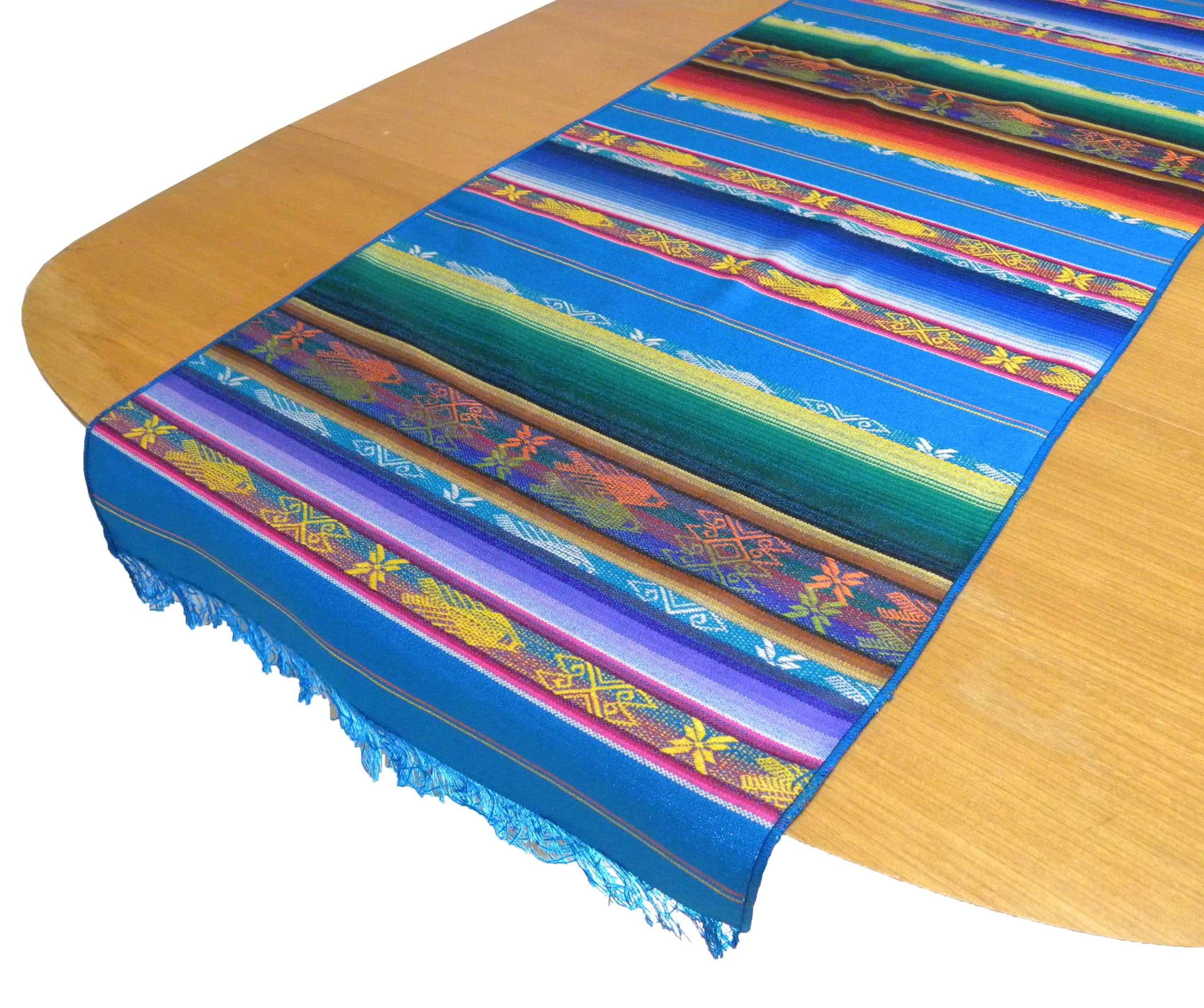 Minga Serape Hand Woven Traditional Fish Pattern on Table Runner, Aqua