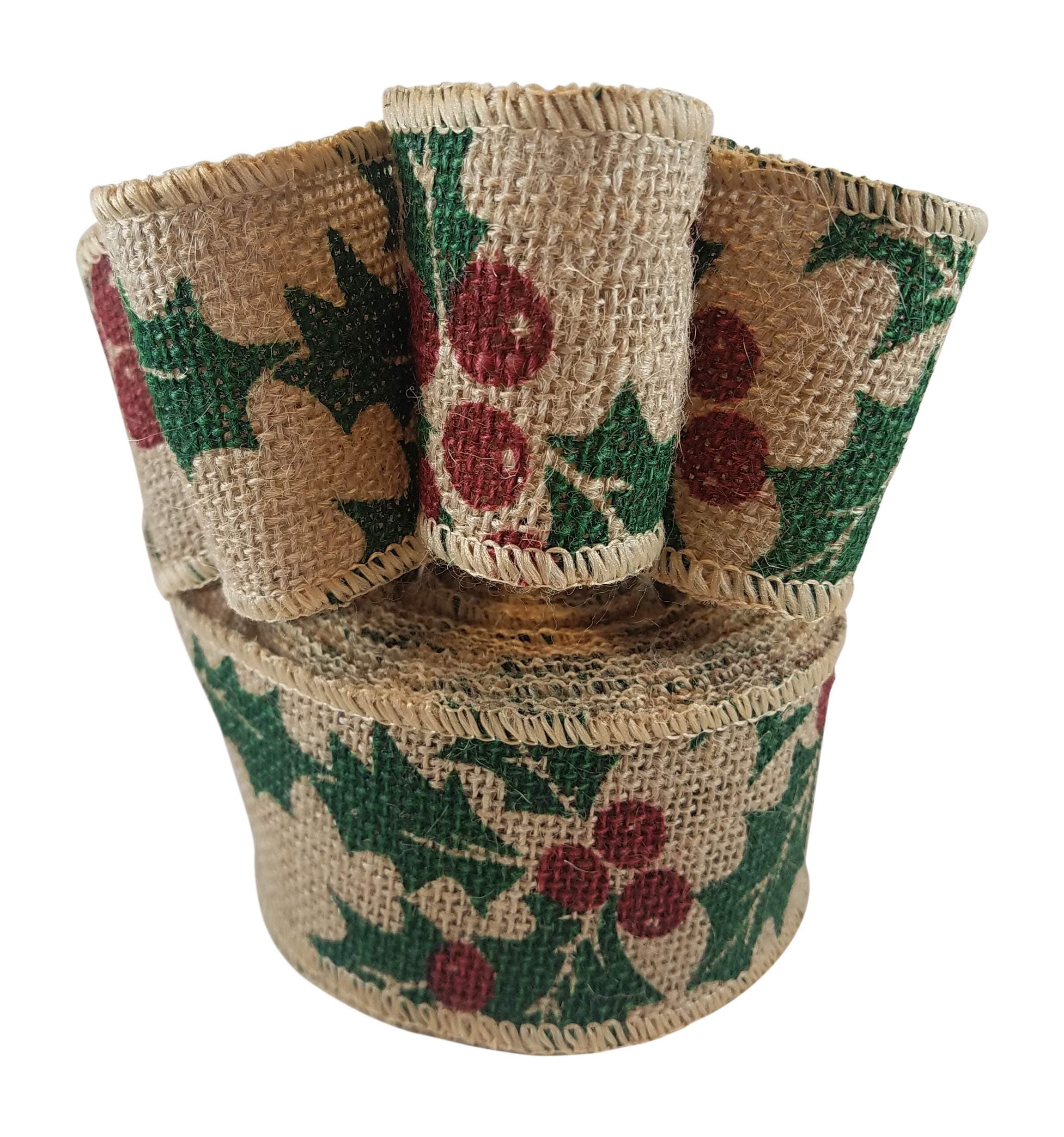 Christmas Holiday Burlap Ribbon with Holly Berry Print - Wired Edge, 2.5 Inches Wide, 10 Yards Long