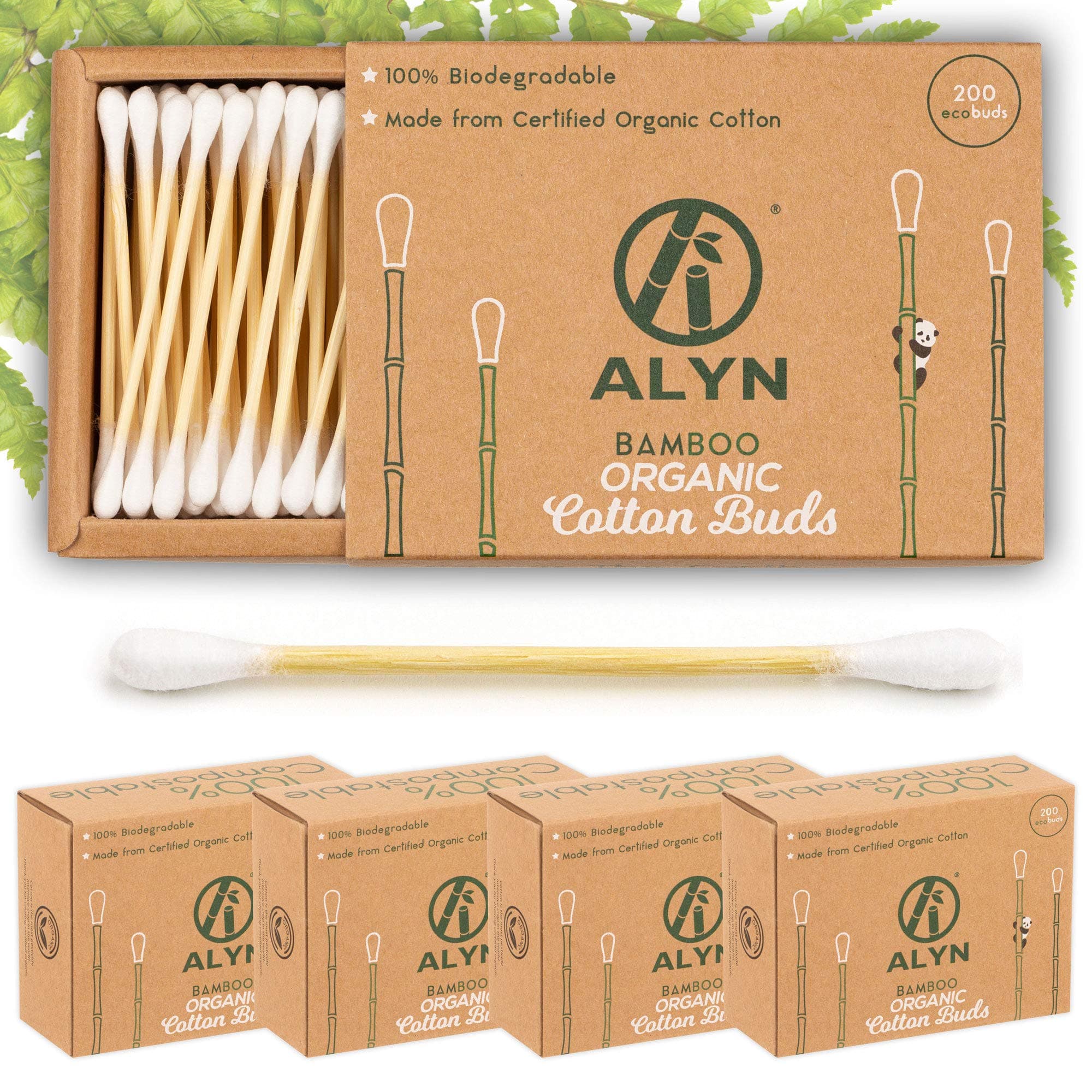 Alyn Bamboo Cotton Buds | Pack of 4 (800 Pieces) | Organic GOTS Certified Wool | 100% Biodegradable Wooden Ear Swabs | Sustainable & Vegan Qtips | Plastic Free Environmentally Clean Packaging