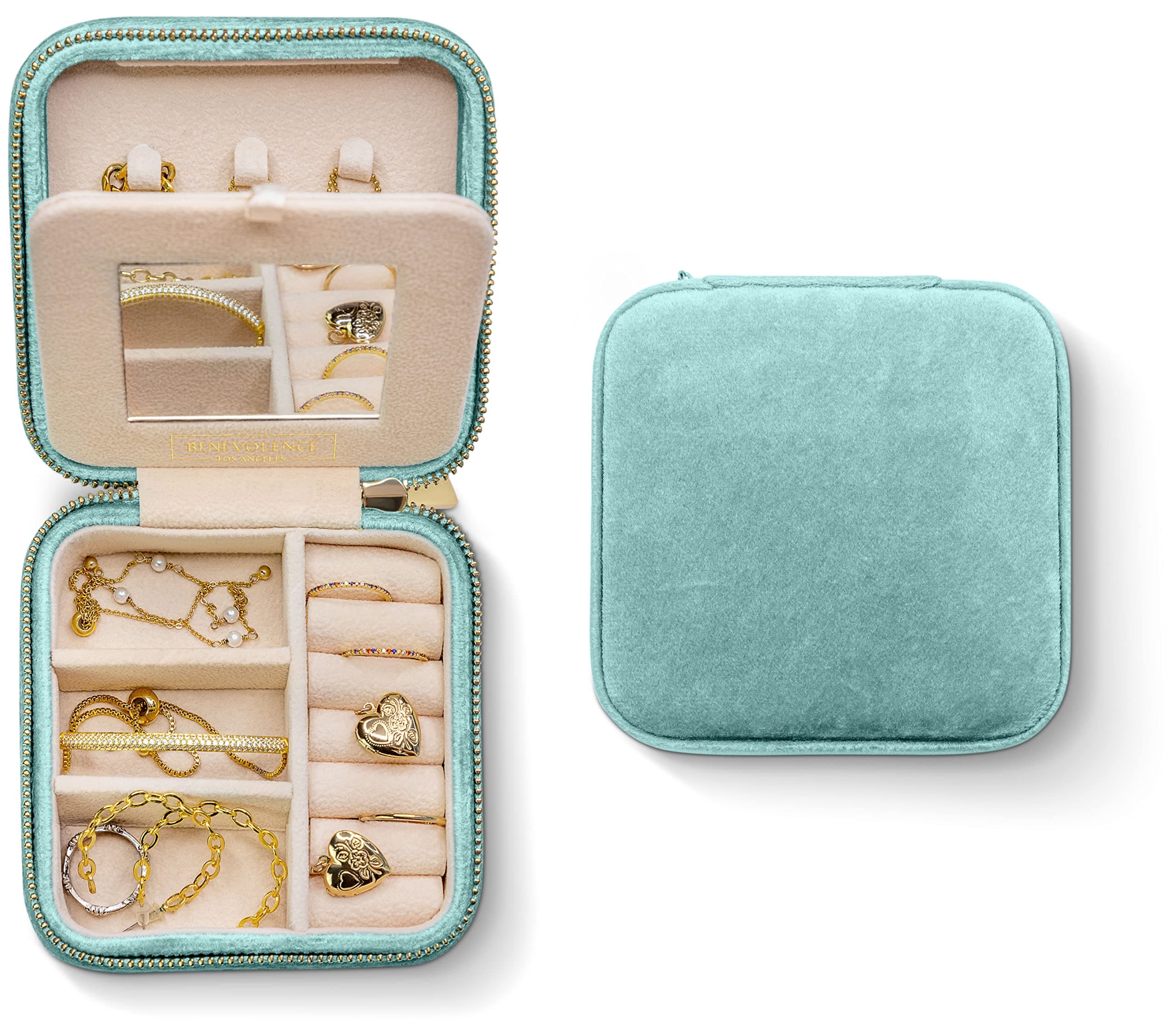Benevolence LA Plush Velvet Jewelry Box | Travel Jewelry Case Organizer with Mirror | Featured in Oprah's Favorite Things | Best Gifts For Daughter, Girlfriend, Mom | Gifts For Her - Cyan
